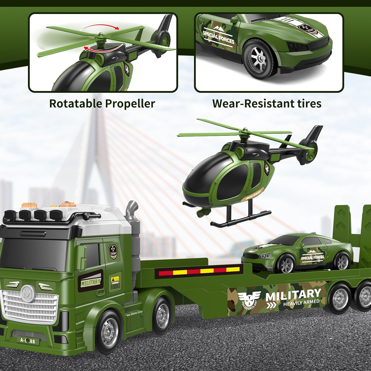 Kids Toys for Ages 3 4 5 6 7 8 Years Old Boys, 25" Large Army Semi Truck with Helicopter & Race Car, Friction Powered Vehicle with Lights & Sounds,Birthday Gift for Boys Girls