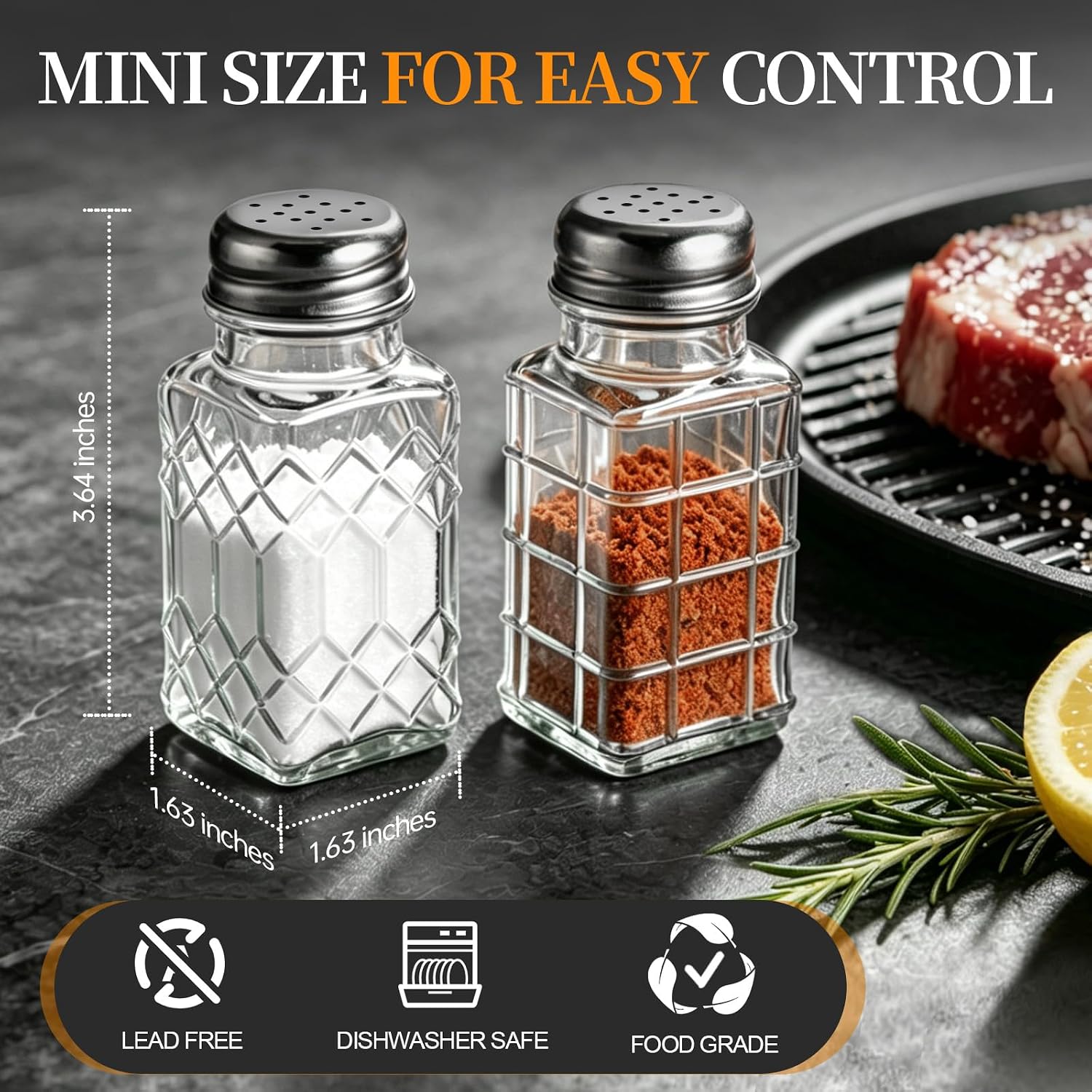 Supercenter Salt And Pepper Shaker Set 2-Pack Glass Stainless Steel Lid Transparent Mini Size Square Diamond Pattern Kitchen Countertop Cooking Table Easy Fill