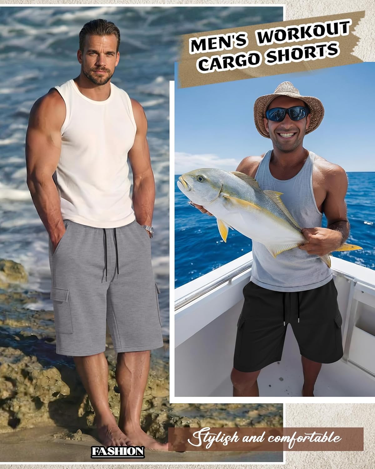 Neer 3 Pack Men's Cargo Shorts Athletic 9" Bermuda Pants with Pockets Knee Length Workout Drawstring Gym Sweat Shorts Summer