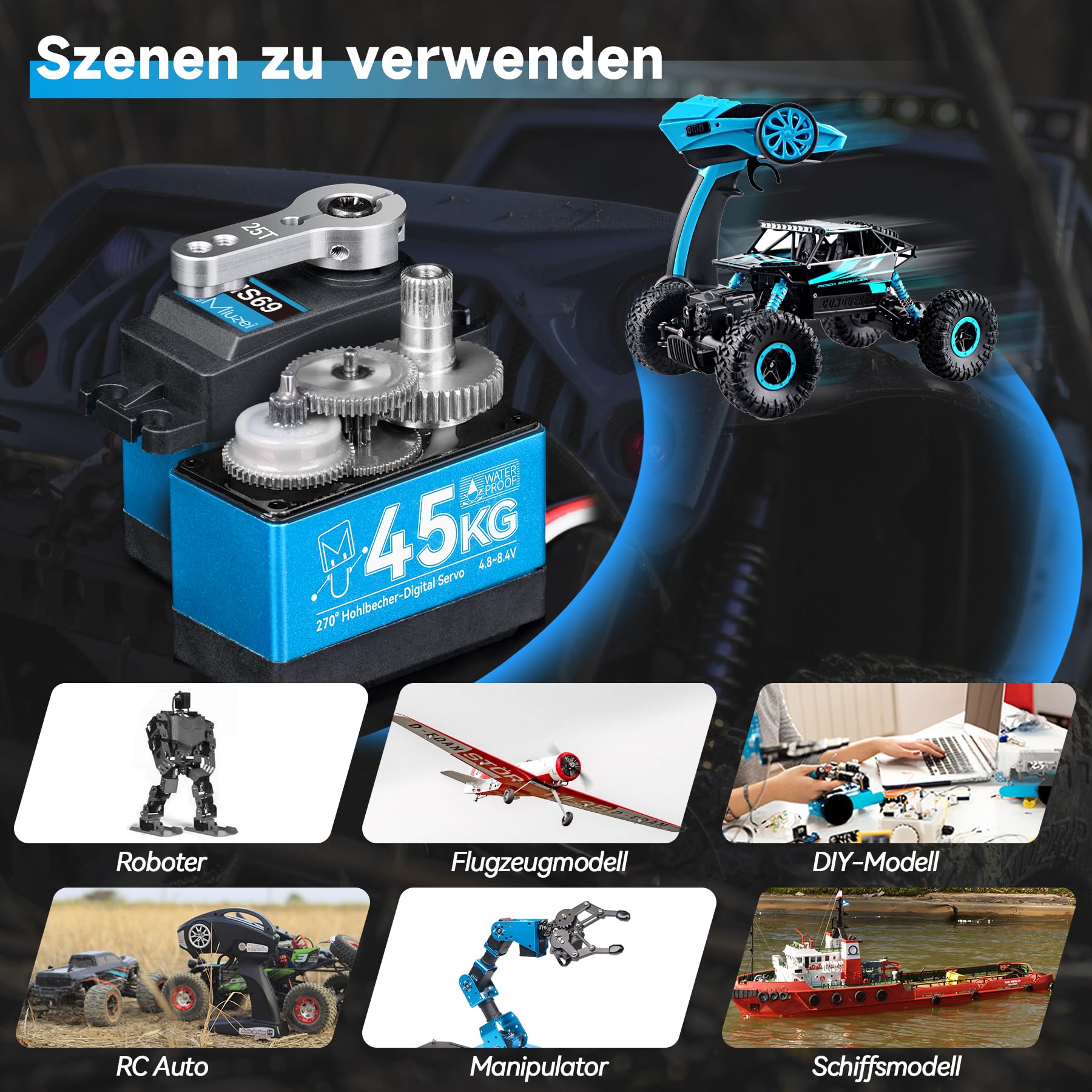 Miuzei 45kg Digital RC Servo 270° Servomotor Metall Getriebe für Auto Modellbau Car 1/10 1/8 Robot Arm Flugzeug 8,4V High Speed Torque Wasserdicht Servo+Motor Lenkservo mit 0.5M Kabel 25T Horn