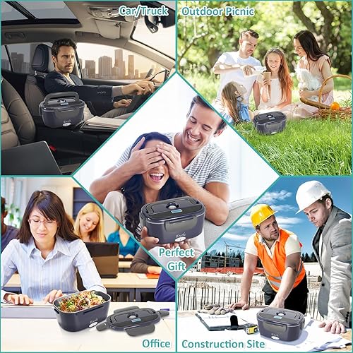 Miniatura 4 de Eocolz Fiambrera eléctrica calentador de alimentos, 2 en 1, lonchera portátil para automóvil, camión, hogar, trabajo, a prueba de fugas, con