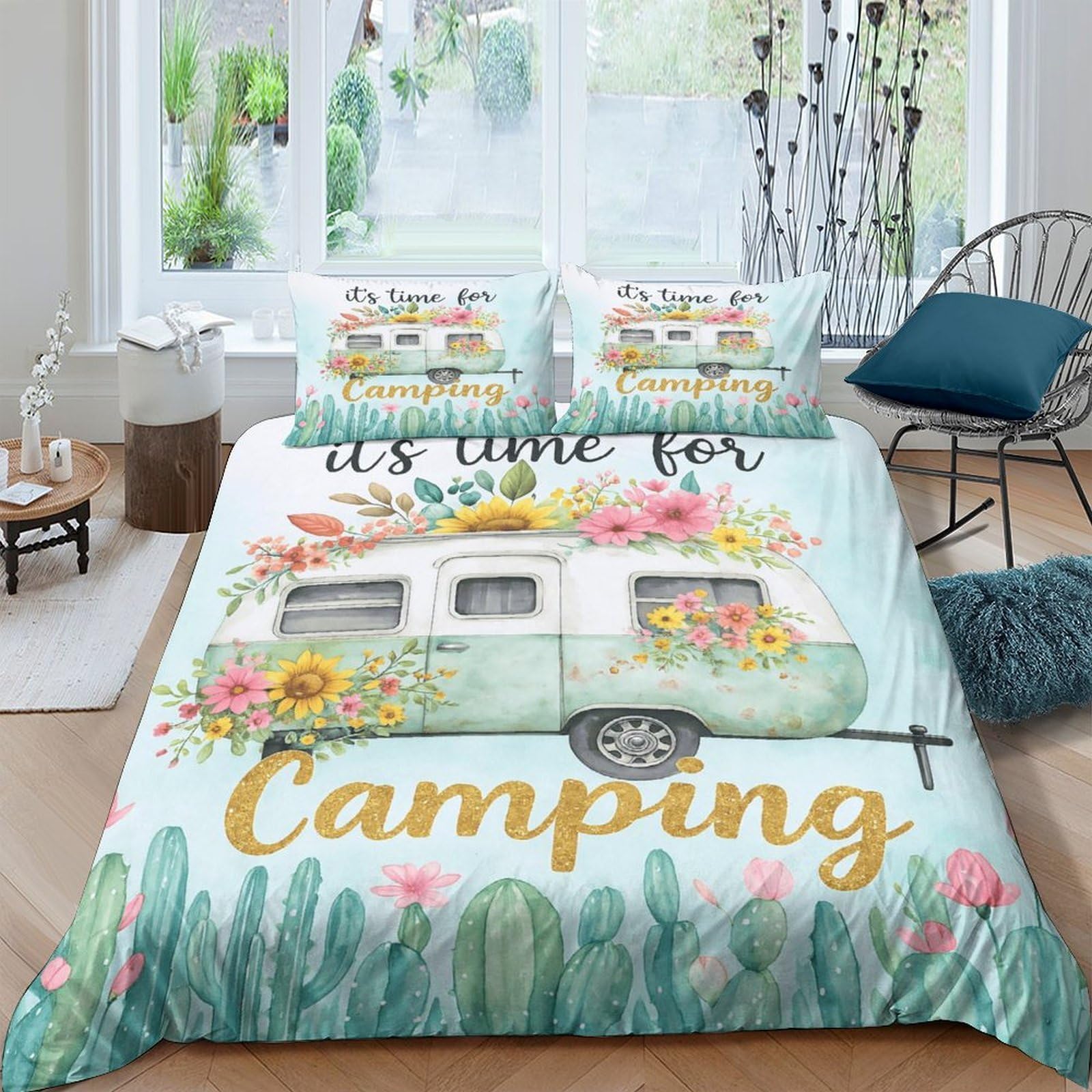 Ctjqhvkz Style-3 3D Printed Vintage Camper Fitted Sheet Microfiber Soft Breathable Floral Cactus Mattress Cover For Bedroom Dorm Decor Single（135X200cm）