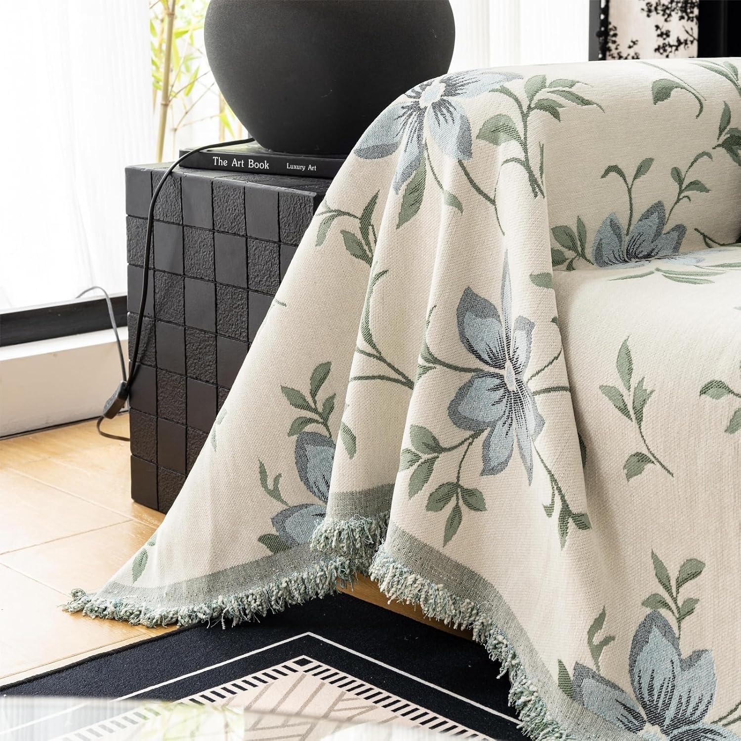Floral Sofa Cover for 3 Cushion Coach, Green L Shape Couch Covers for sectional sofa, Modern Home Decor Non Slip Thick Chenille Washable Large Couch Protector for Dogs 71"x118"
