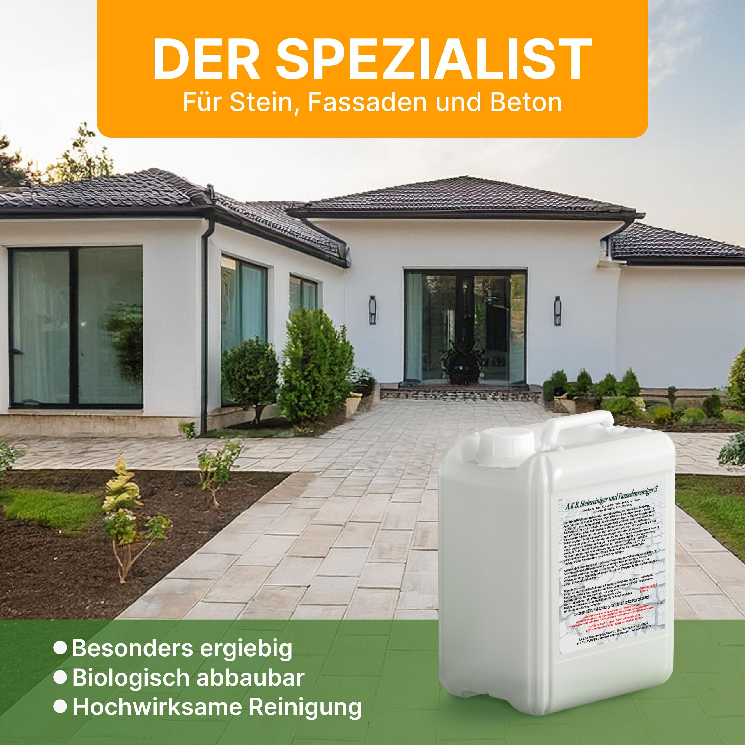 A.K.B. Steinreiniger und Fassadenreiniger S Konzentrat bis 3000m², 0531(5L) Flechtenentferner,Dachreiniger, Grünbelagentferner (bedingt für Farbiges)