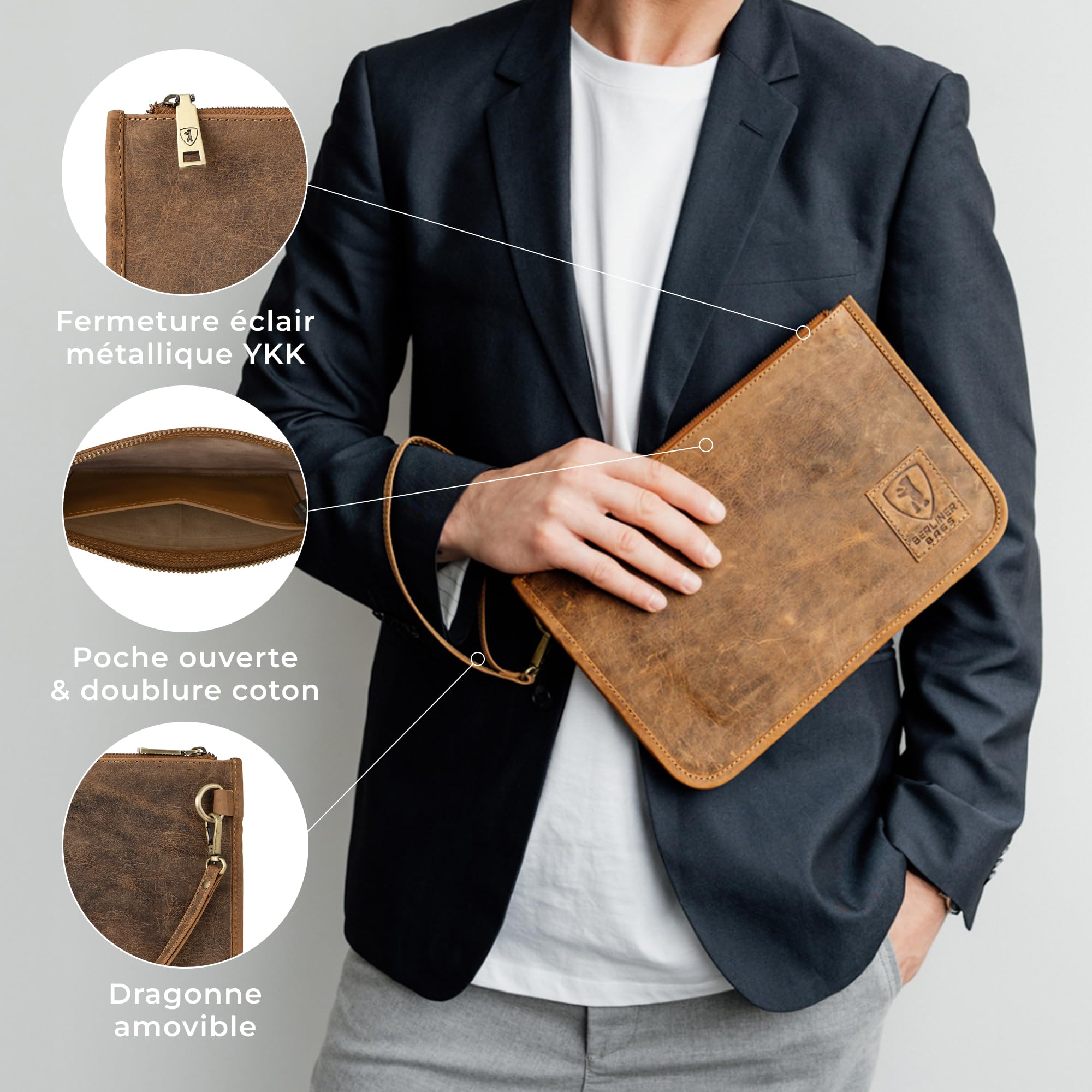 Berliner Bags Theo XL Pochette Documents en Cuir Véritable avec Fermeture Éclair, Organiseur de Voyage et Porte-Passeport Élégant et Durable pour Homme et Femme – Marron