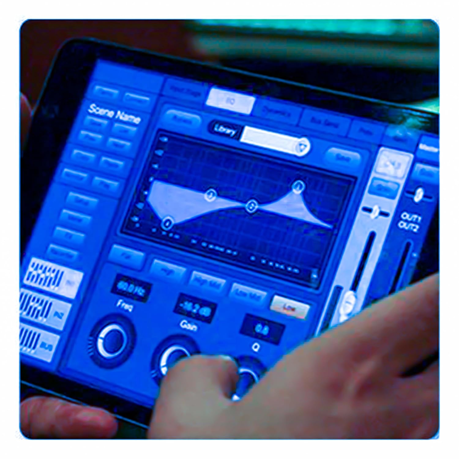Close-up of an iPad screen displaying the MX DM20 control application interface, showing equalization and mixing parameters.