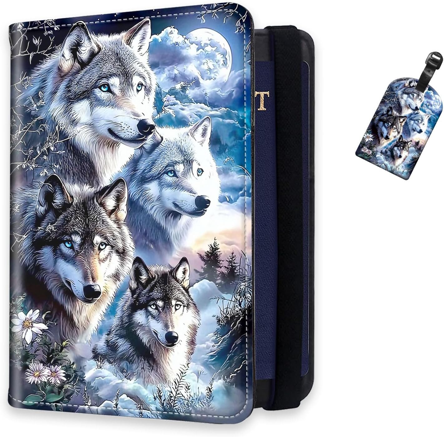 RFID Passport Holder for Travel with Luggage Tags, Wolves in the Moonlight PU Leather Passport Wallet with Multiple Card Slots, Travel Passport Case for Men & Women
