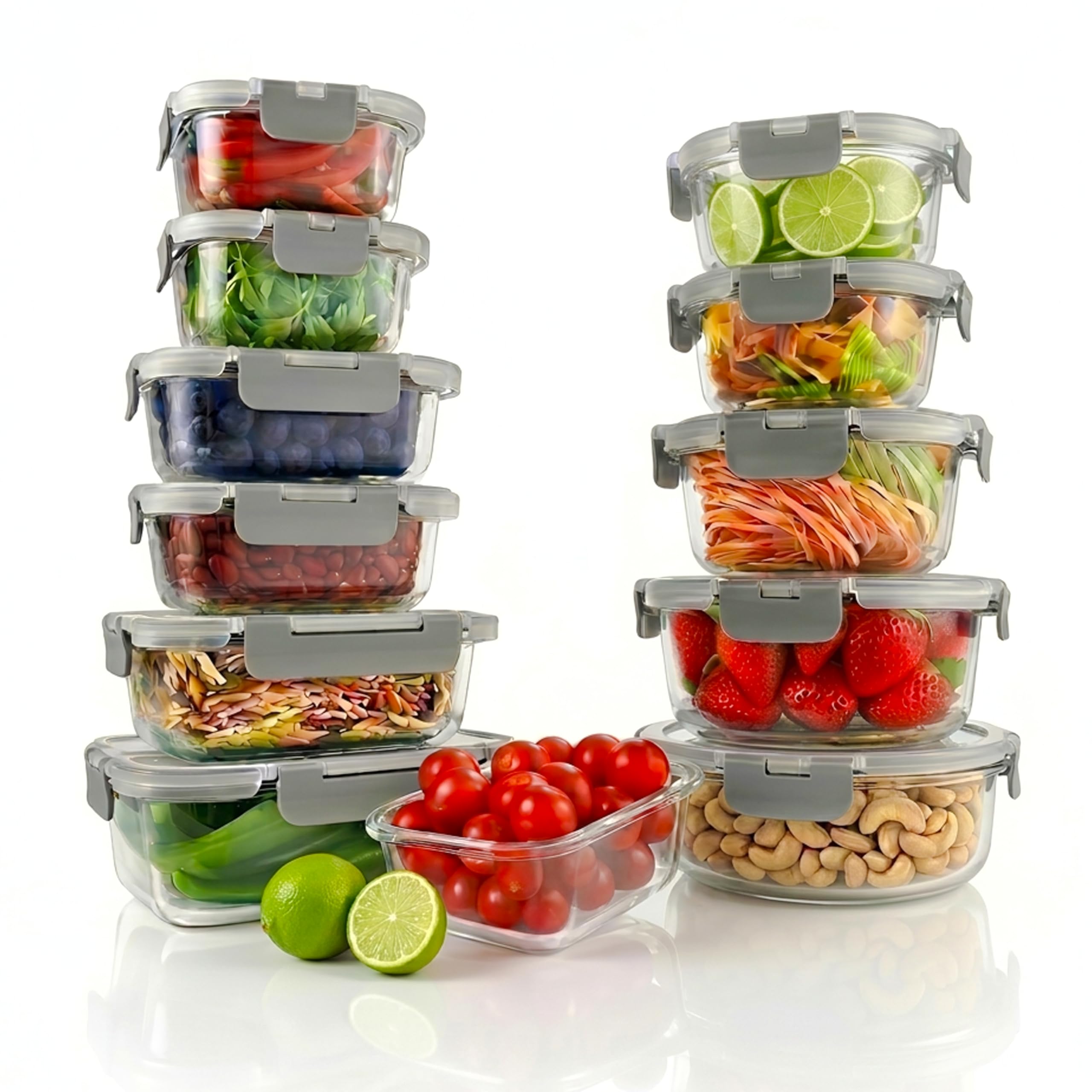 Nutrichef Gray Glass Containers With Lids 24 Pack Meal Prep Containers – Airtight, Leakproof, Freezer To Oven Safe, Microwave & Dishwasher Safe, Glass Lunch & Food Storage (Grey)