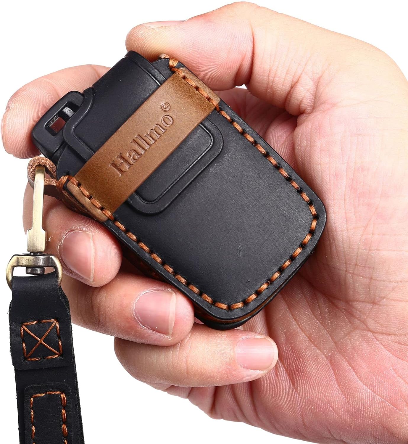 SANRILY Leather Key Fob Cover for Toyota 4runner 2021 Tacoma 2020 Tundra Land Cruiser Keyless Entry Remote Smart Key Protector Case with Keychains Black
