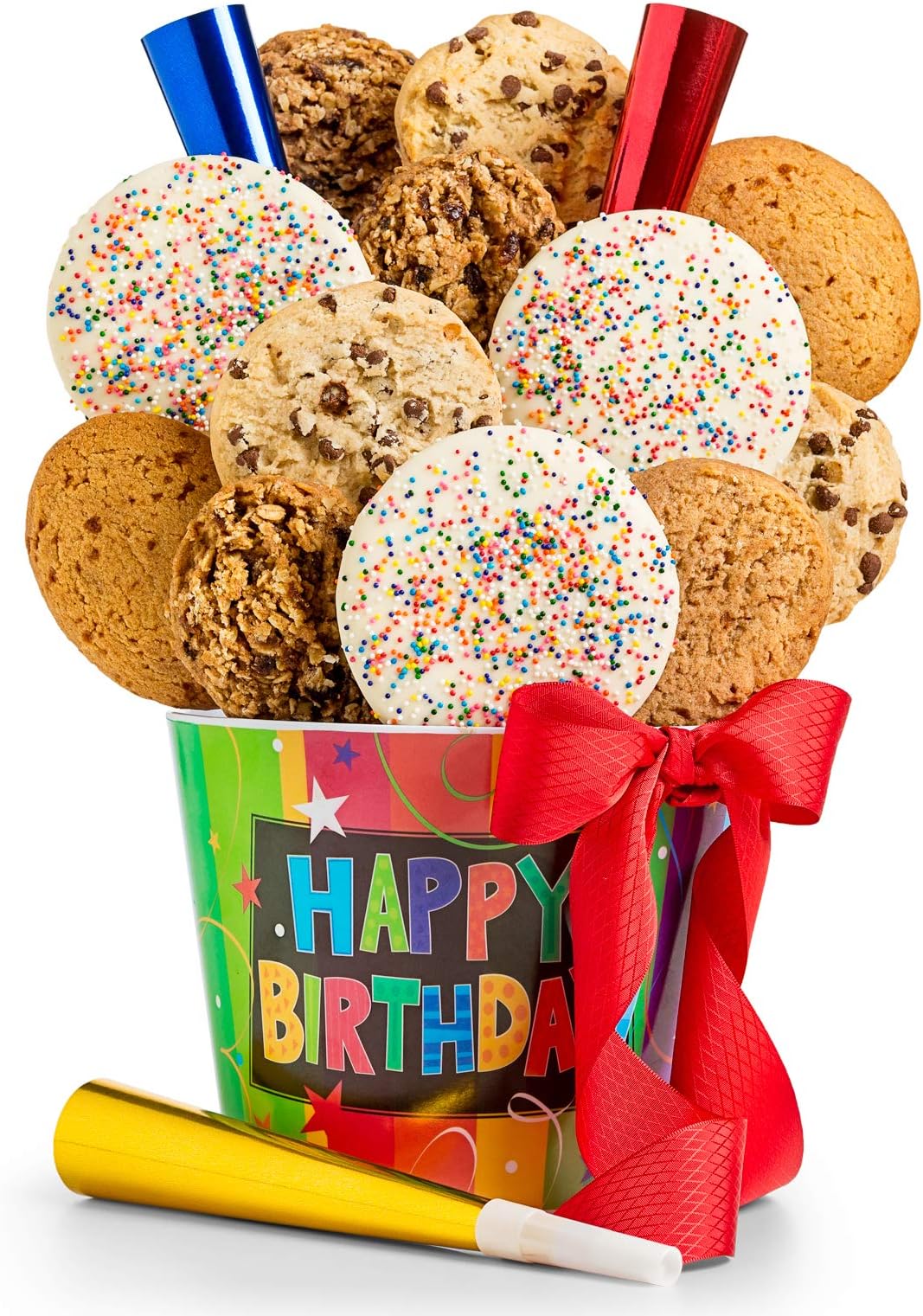 GiftTree Happy Birthday Assorted Cookies Gift | 12 Count Assorted Cookies | Chocolate Chip, Vanilla Sprinkle, Double Chocolate Brownie, Cranberry Oatmeal | Reusable Happy Birthday Pail | 3 Party Horns
