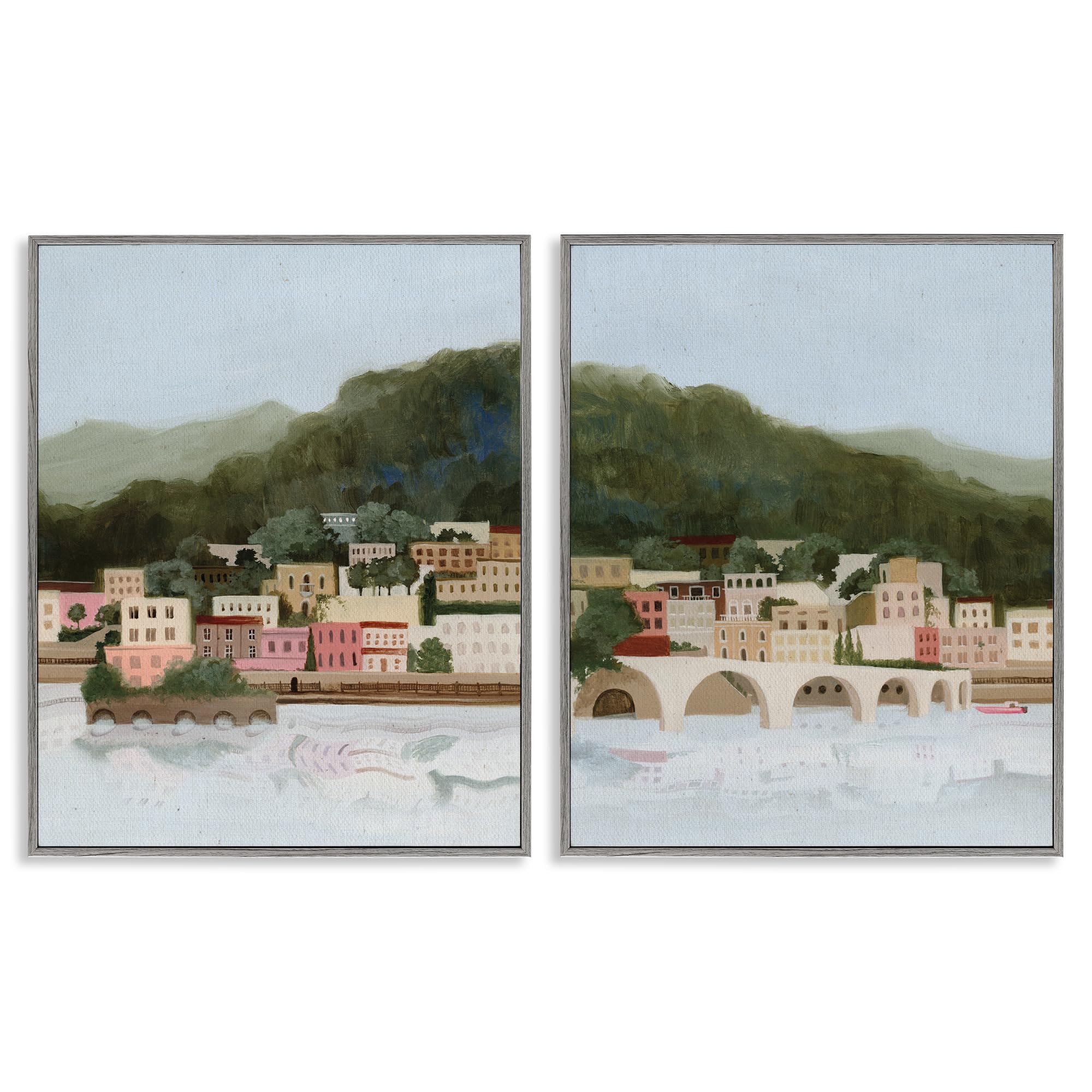 Stupell Industries Farmhouse Gray (Textured) Mountain Town By Sea Scenic, 24 X 30 Inch Framed Giclée Print Set