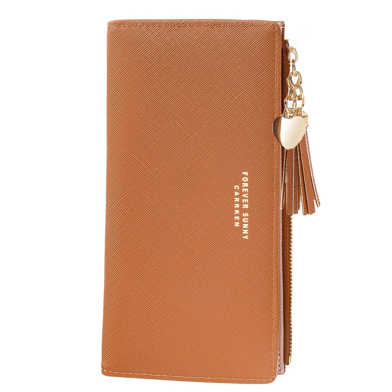 KOTORA Womens Slim Wallet Girls Thin Wallets Pretty Mini Long Card Holder Small Tiny Clutch Zip Purse Love Pendant Tassels Billfold (Brown)