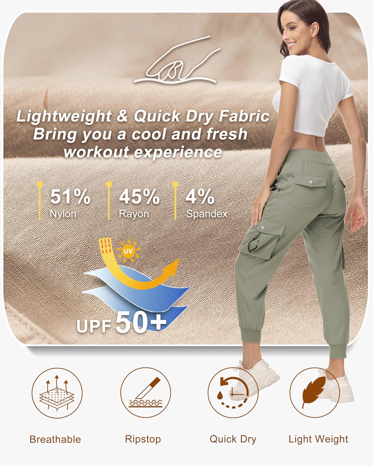 Women's Cargo Hiking Pants Quick Dry Lightweight Elastic Waist Button Pockets Joggers Athletic Sweatpants Travel Casual - Image 4