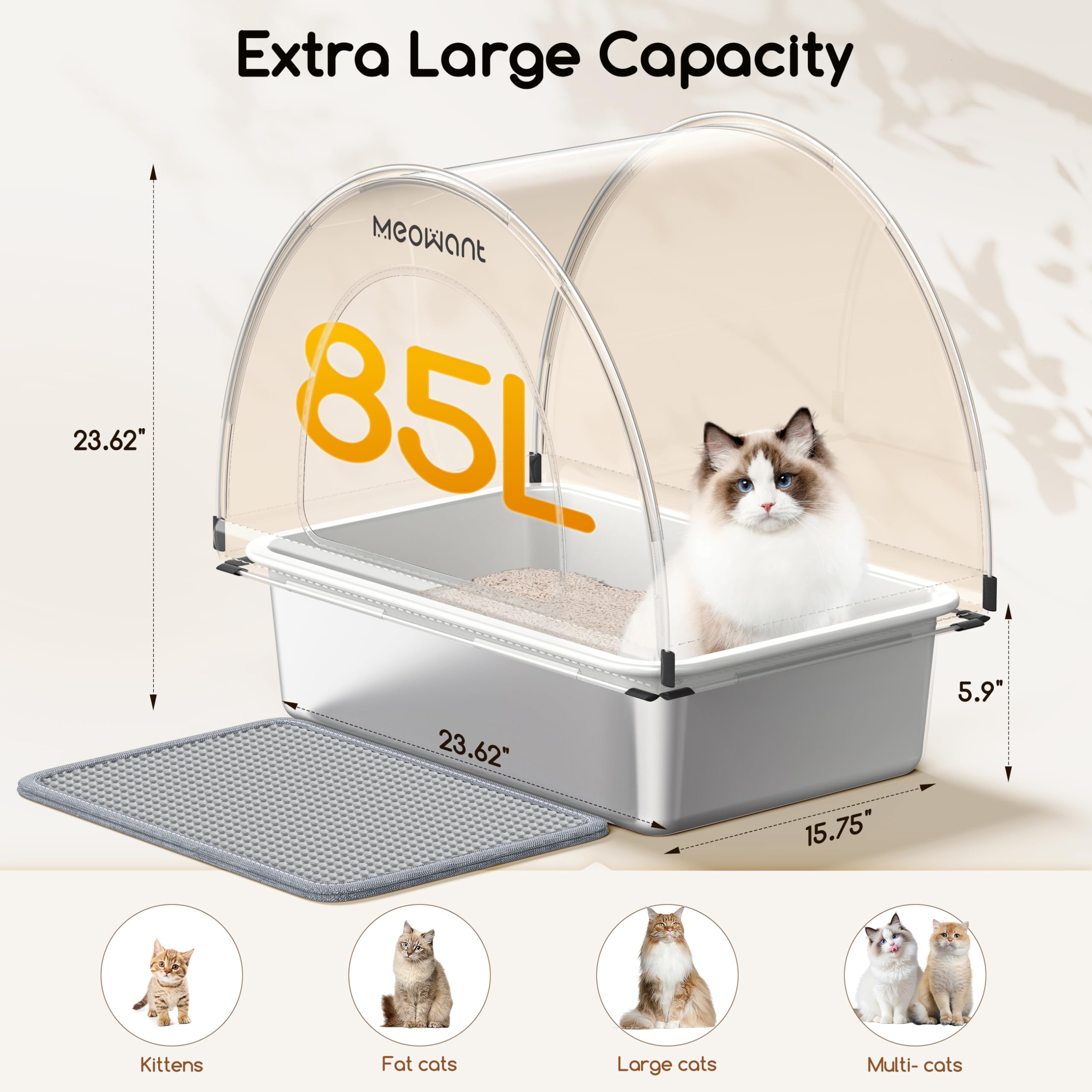Meowant Lettiera Gatto in Acciaio Inox, Lettiere XXL, Design Copertura in Tessuto Chiuso, Toilette Grande per Gatti di Grossa Taglia, Antiaderente, Prova Perdite, Staccabile e Facile Pulire, Bianco