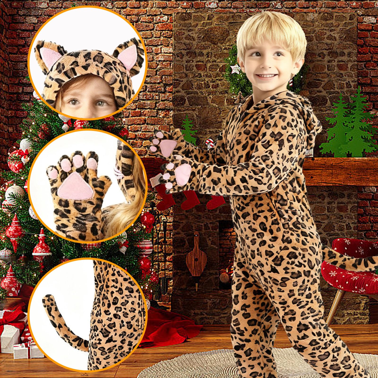 Maryparty Cheetah Onesie Cat Costume for Kids Halloween Fleece Leopard Costumes Animals Cosplay Dress Up (Leopard print, 100) - Image 3