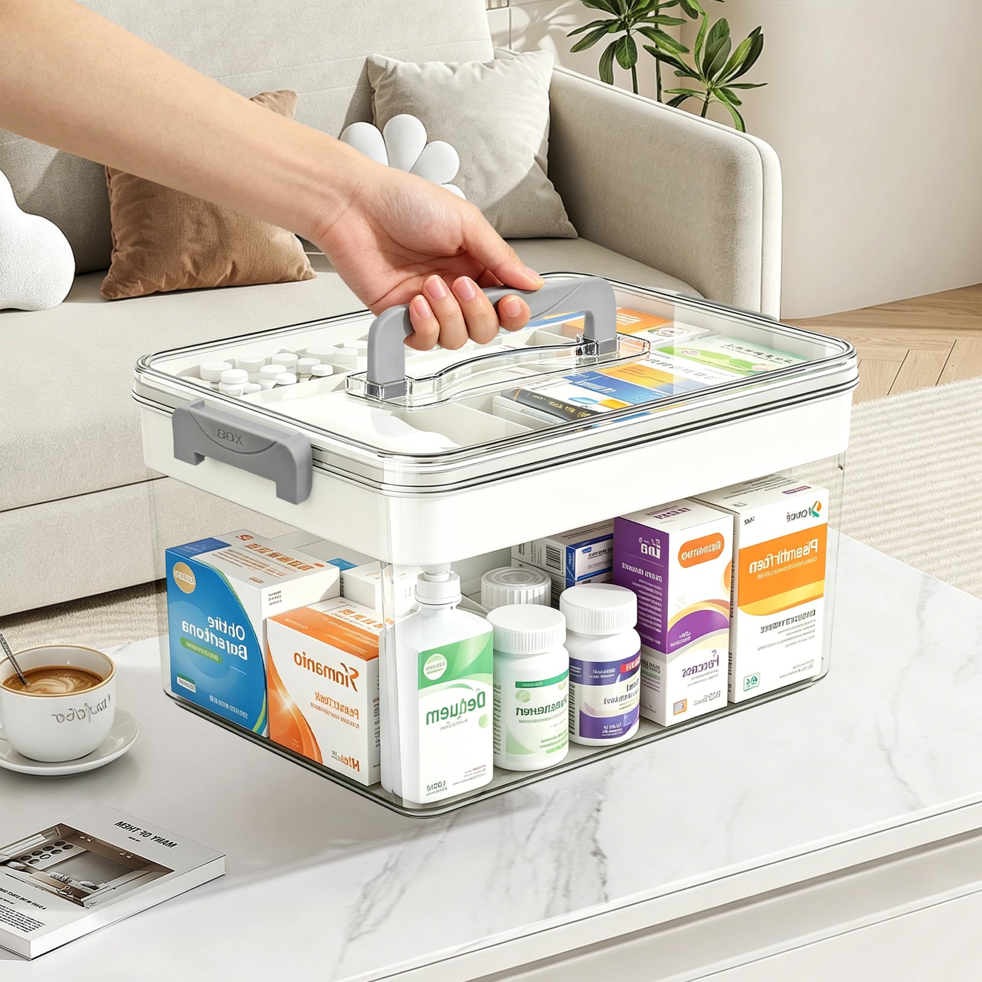 LYLIDIA Medikamentenbox Leer Medikamenten Aufbewahrung Box, 2 Ebenen groß Medizinbox, Hausapotheke Arzneimittel Medicine Organizer Box Medikamentenkoffer für Haushalt & Reisen 28 * 18 * 15 cm