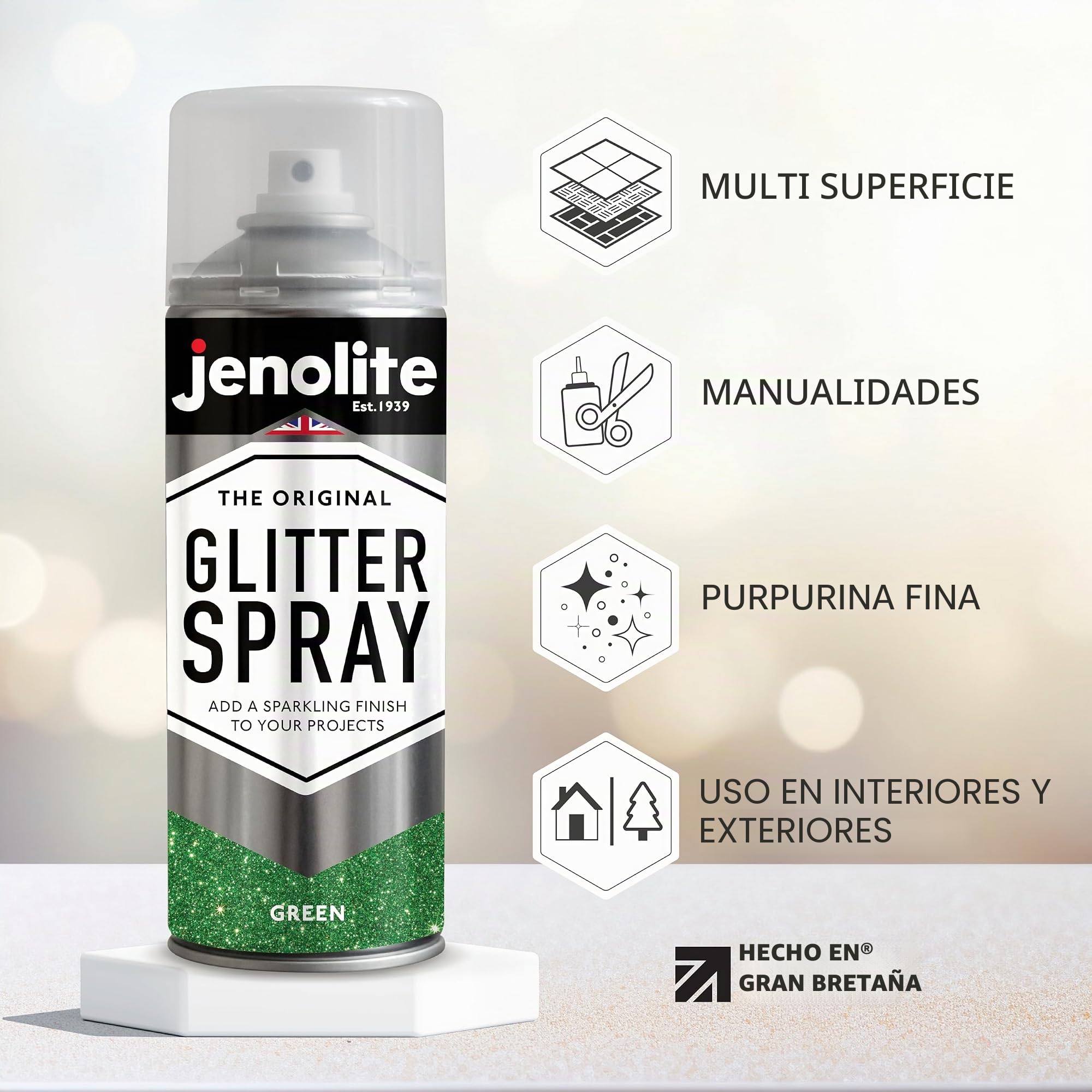 JENOLITE Pintura en aerosol con purpurina | VERDE | Pintura con purpurina de colores | Multisuperficie | Ideal para Marcos de Fotos, Espejos, Adornos y Manualidades | 3 x 400ml