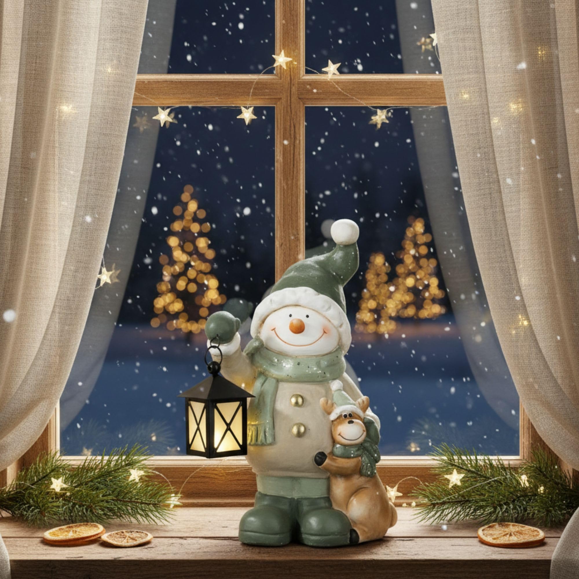 Weihnachtsdeko Figuren Groß 42cm Weihnachtsfiguren Beleuchtet Innen LED Figuren Weihnachten mit Timer Winterdeko Fensterbank Deko Figur mit Laterne Wohnzimmer Wichtel Elch Schneemann Santa Claus