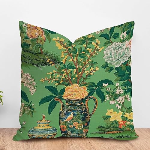 Vista 8 de ArogGeld Chinoiserie - Fundas de cojín asiáticas con diseño de flores blancas y verdes, funda de almohada Chinoiserie Floral con hojas verdes
