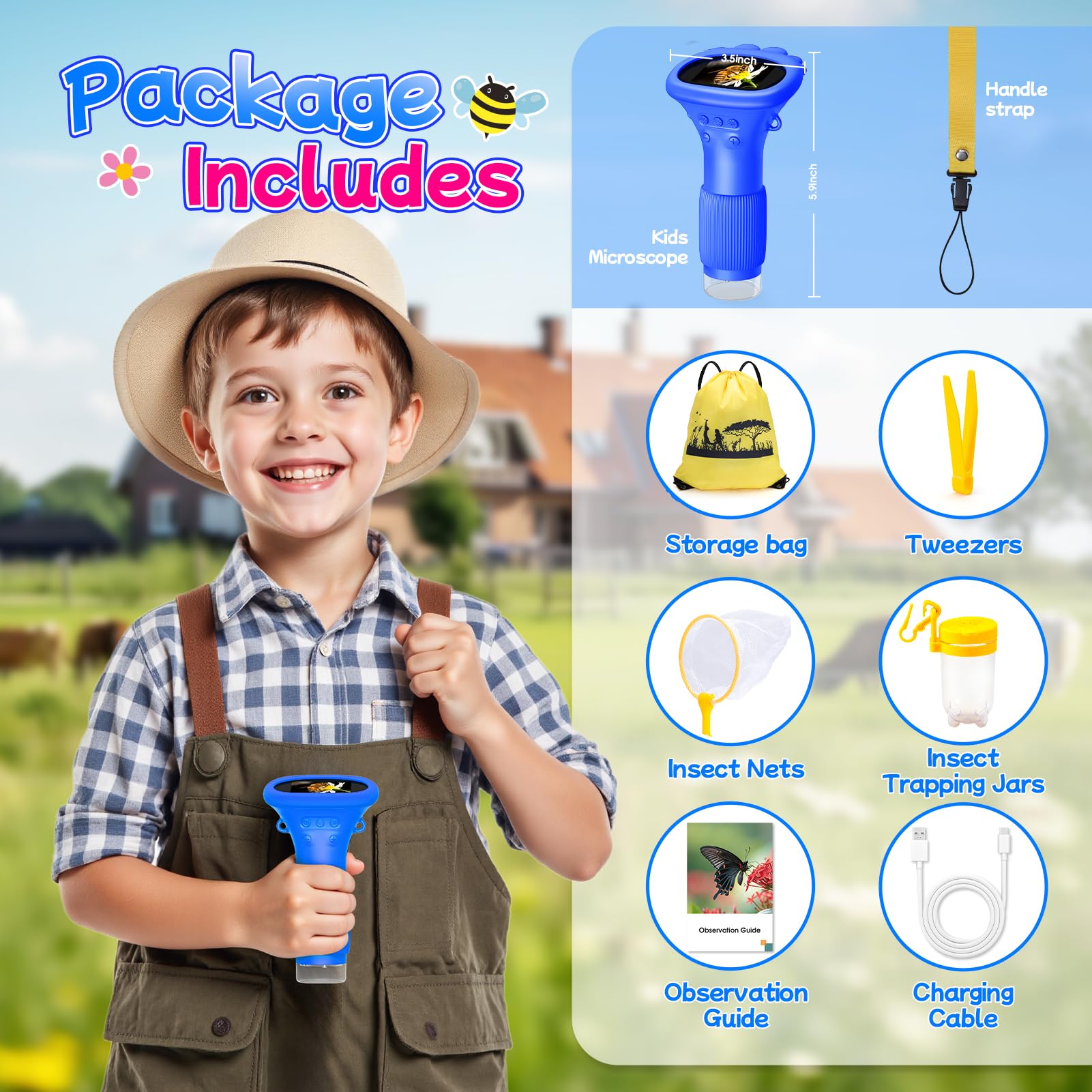 Microscopio per Bambini, Microscopio Digitale Portatile per Bambini, Schermo IPS da 2,0 Pollici, Ricaricabile USB, 8 luci LED, 1000x, Giochi Regalo Bambino 3-12 Anni Maschio - Blu