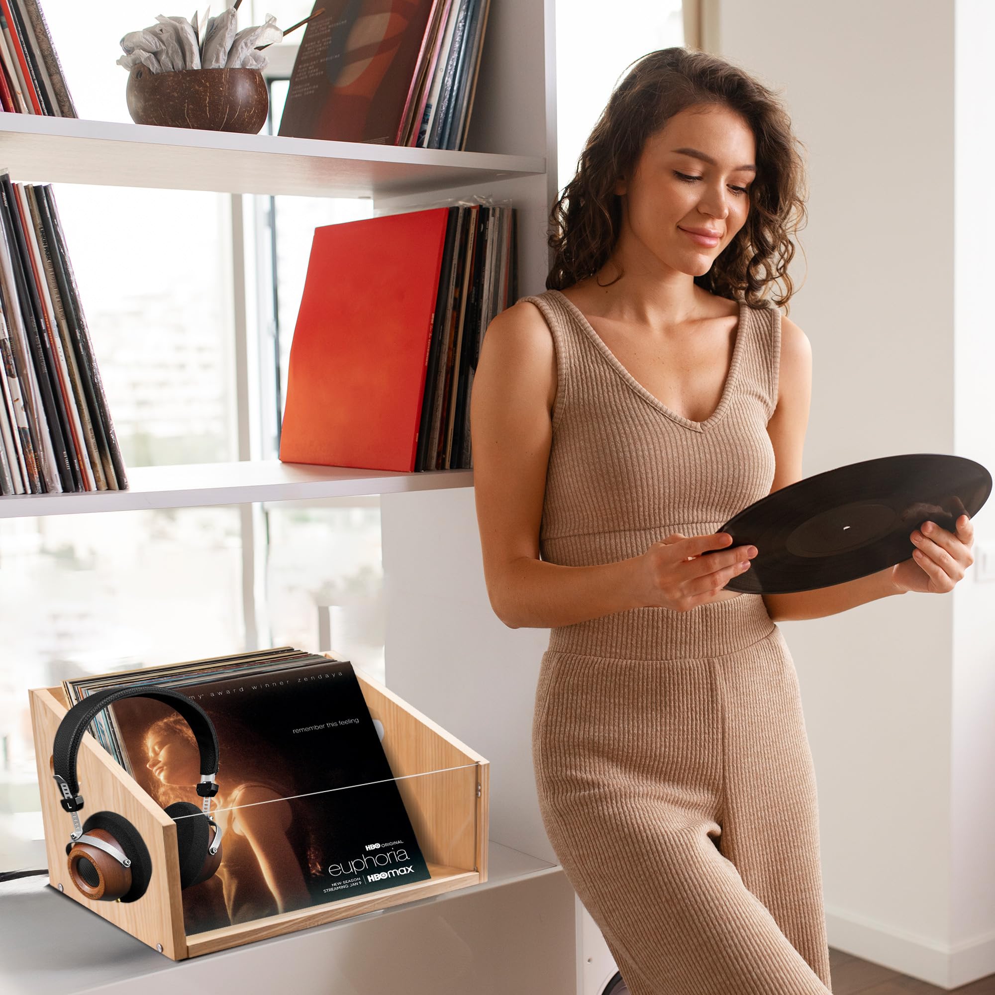 GRETJOB Cassetta per dischi in vinile, in legno e acrilico, può contenere oltre 70 dischi, libri, cartelle, per scrivania e casa e ufficio, con manico (colore legno naturale)