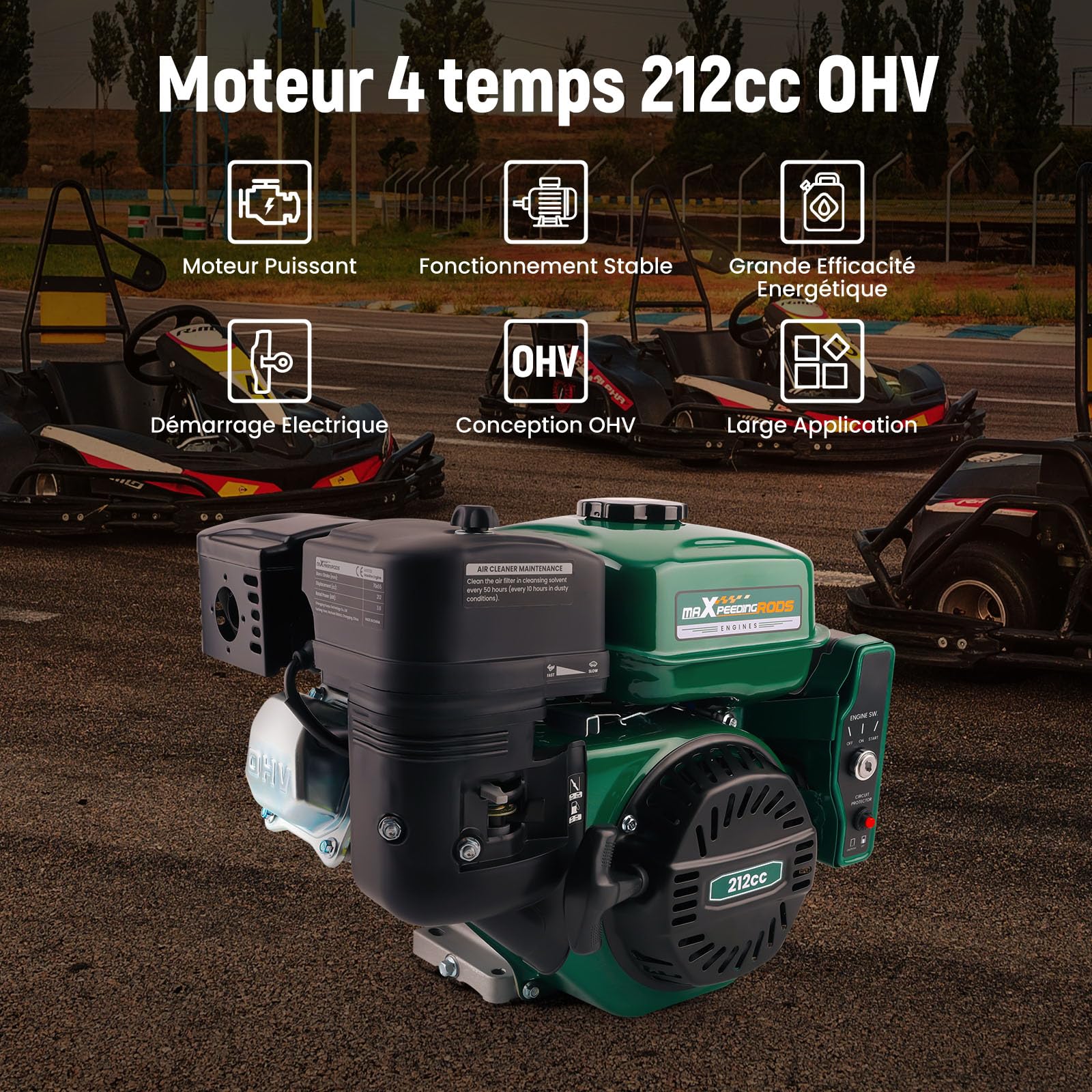 maXpeedingrods 7 CV Moteur électrique à Essence Moteur Fixe Karting,Moteur à Essence Avec Arbre de 19 mm Ø, Moteur 4 Temps 212cc OHV, Moteur à Essence 1 Cylindre, Refroidissement Forcé
