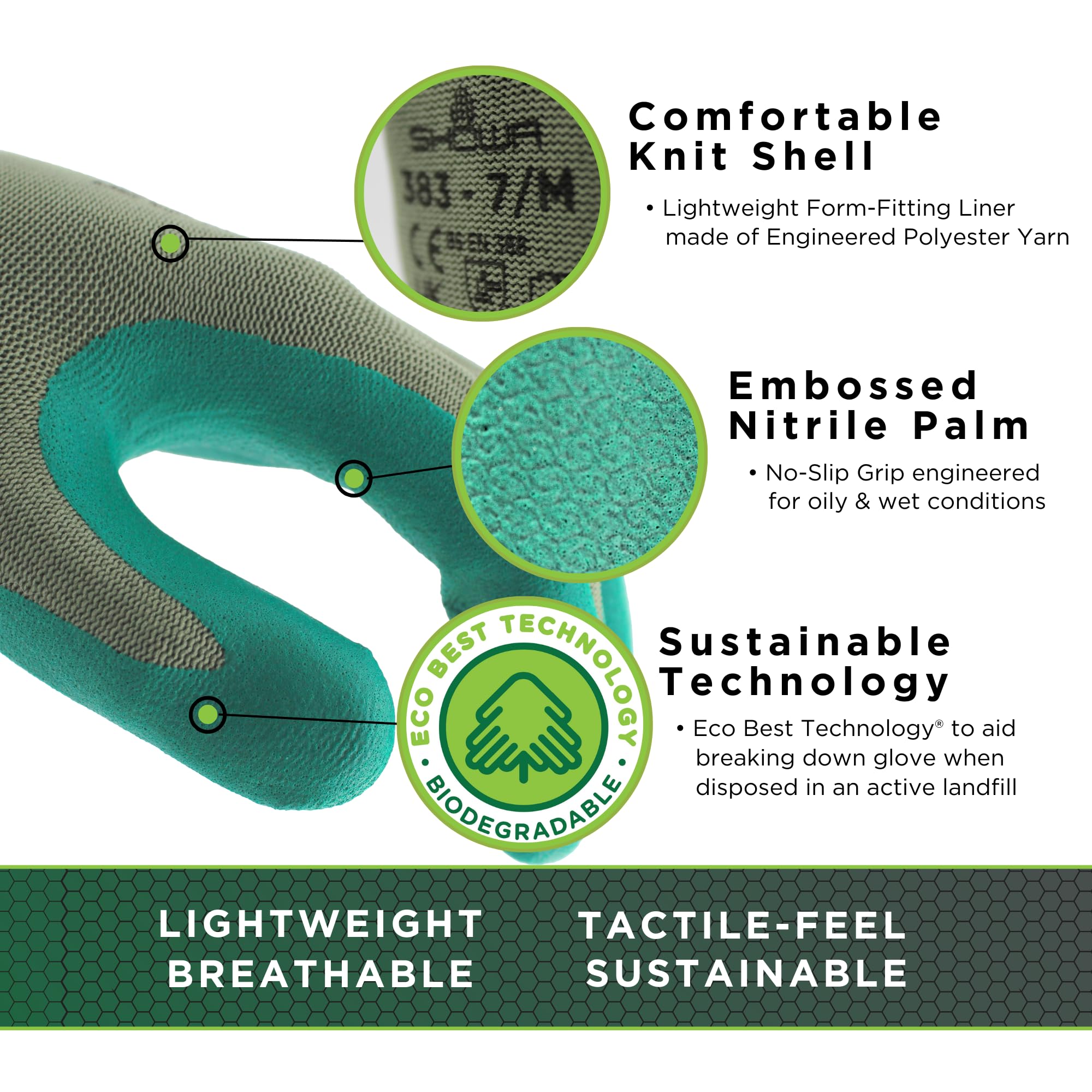 SHOWA 383, guantes de protección mecánicos e industriales, nitrilo de palma, biodegradable, verde, 12 pares, talla grande