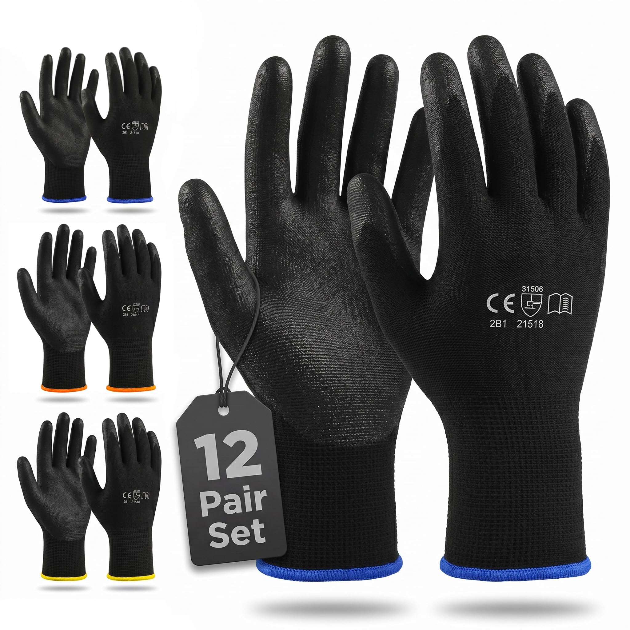 Ventox 12 Pair Safety Gloves XL - Breathable Nylon PU-Coated with Non-Slip Grip Safety Work Gloves, Flexible Lightweight Design for Men & Women, Ideal for General Purpose Tasks
