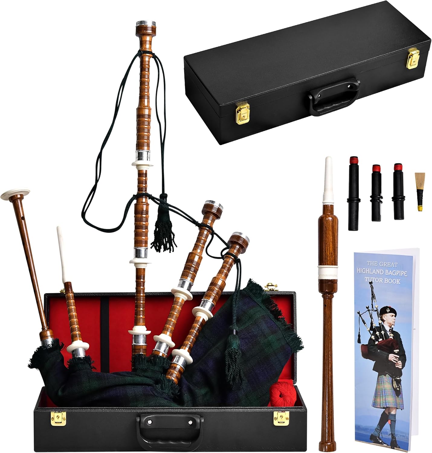 Highland Redstone Scottish Bagpipe – Full Size Cocuswood Bagpipe in Rosewood Finish with Silver Plain Mounts & Free Tutor Book in Various Tartans (Royal Stewart Tartan)