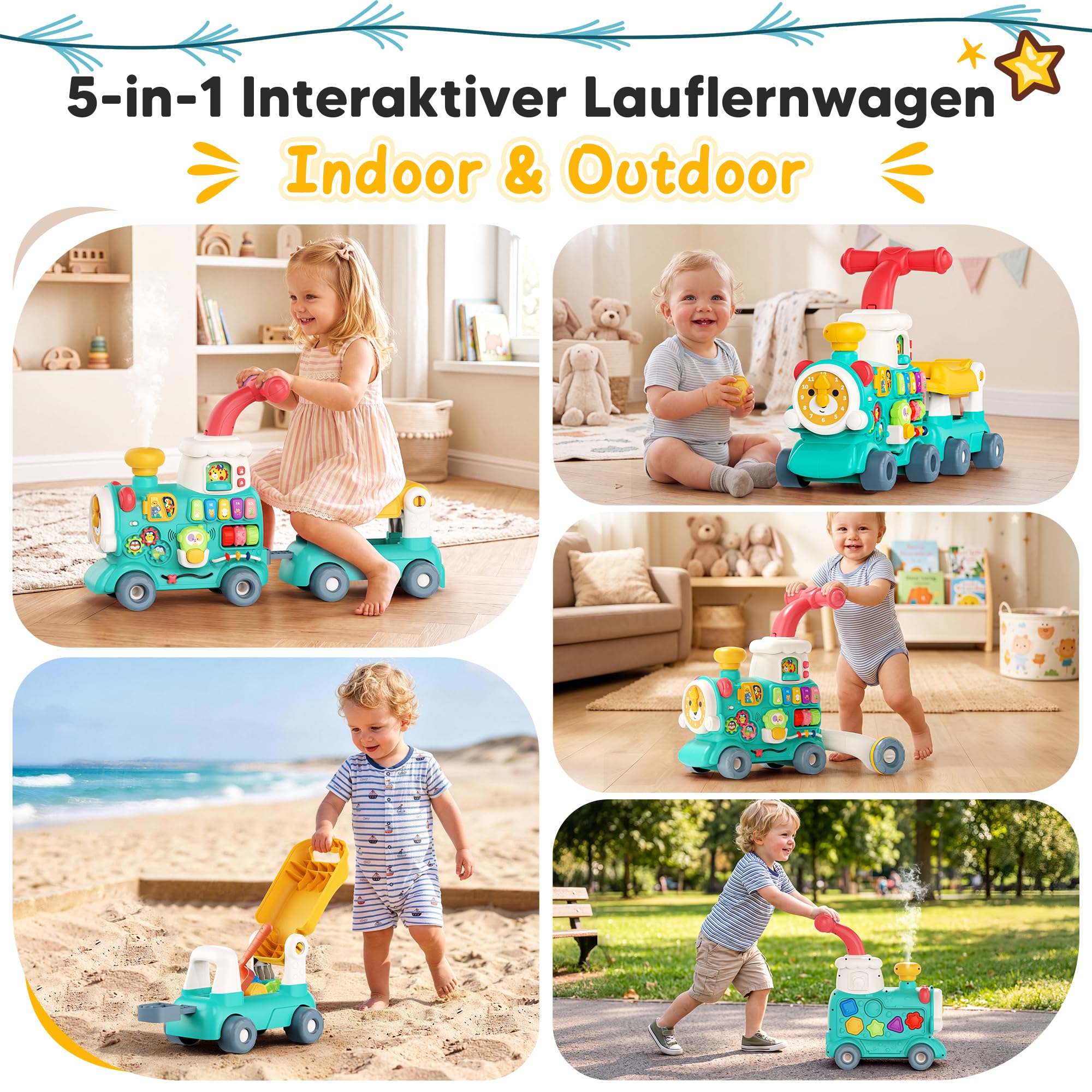 5in1 multifunktionaler Lauflernwagen ab 6 Monaten, Baby Walker Zug mit Aktivitätszentrum, Musik und Sprühfunktion, interaktive Lauflernhilfe, Schiebespielzeug, Motorik- und Lernspielzeug