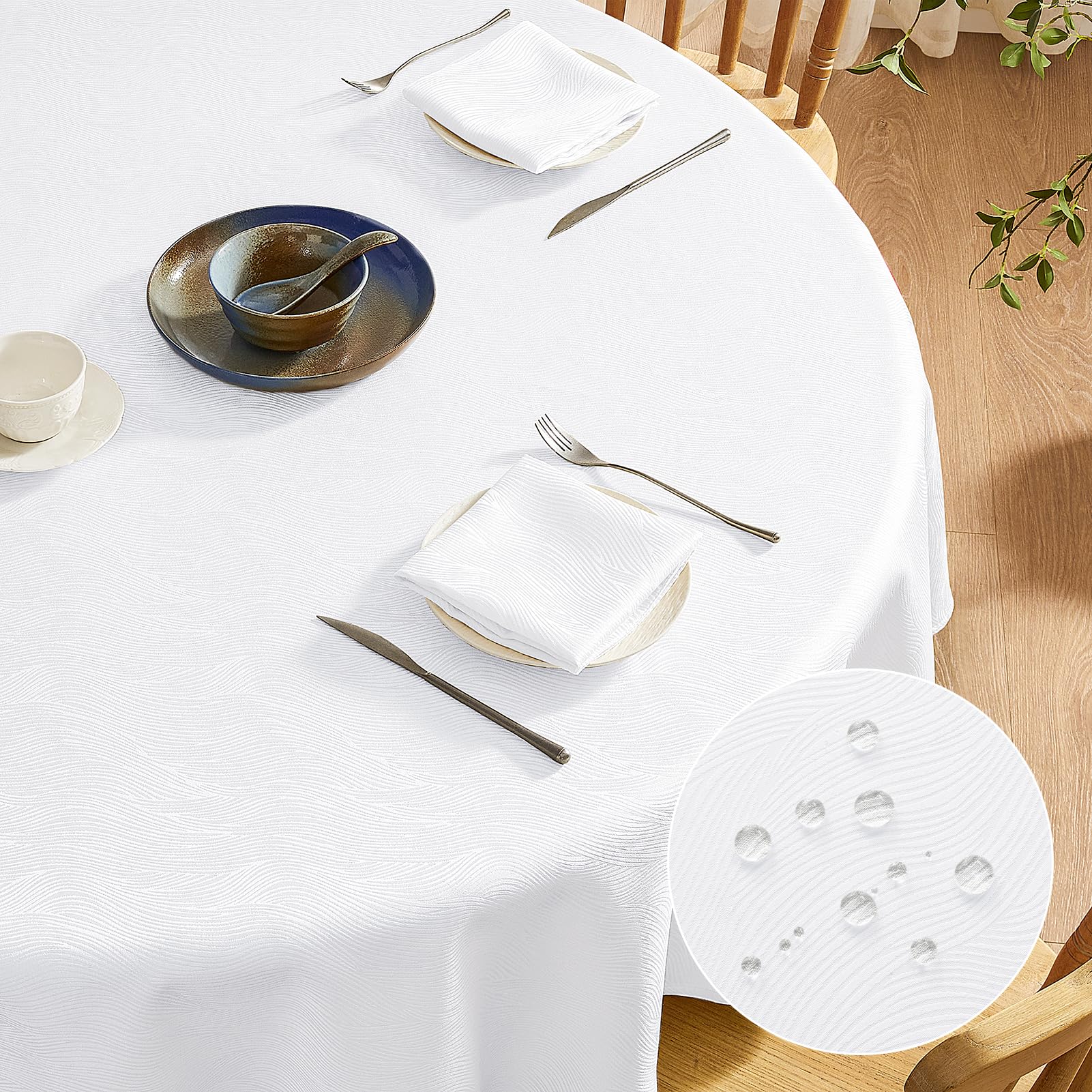 Softalker Manteles Redondo 160 cm de diámetro Antimanchas Mantel Blanco de Jacquard a Rayas Mantel Exterior Impermeable, Protege la Mesa para Comedor, Cocina, Navidad cumpleaños, Festivos, 1 Pieza
