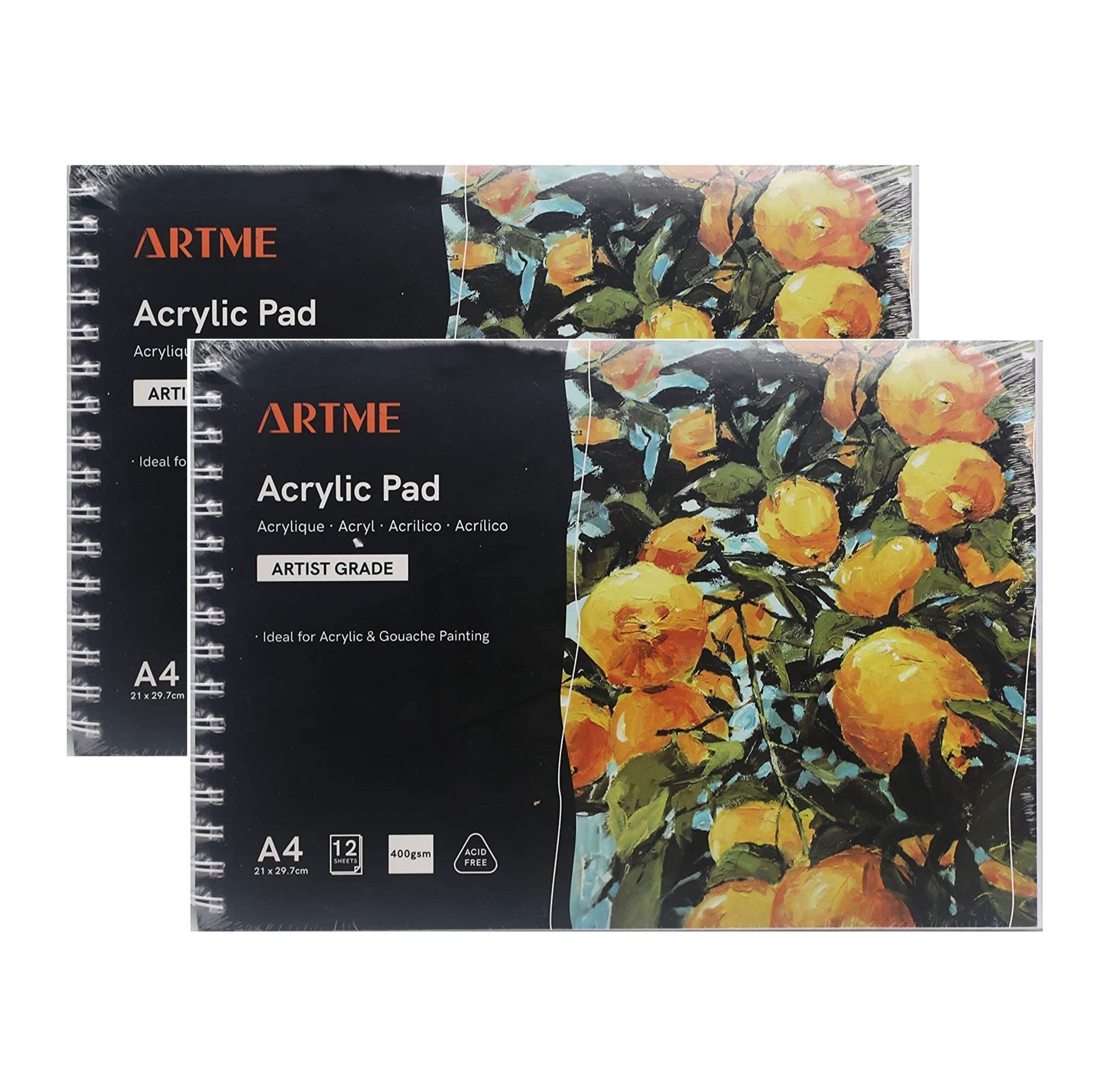 ARTME Lot de 2 blocs de papier acrylique A4 paysage x 12 feuilles/400 g/m² extra lourd/pressé à froid/sans acide, papier acryliq