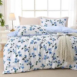 MUXHOMO Duvet Cover Queen Size, Reversible Vintage Floral Duvet Cover Set with Zipper Closure, 3 Pieces Botanical Patterns Soft Microfiber Bedding Set (90"x90", 2 Pillow Cases, Large Blue Flower)