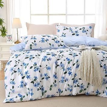 MUXHOMO Duvet Cover Queen Size, Reversible Vintage Floral Duvet Cover Set with Zipper Closure, 3 Pieces Botanical Patterns Soft Microfiber Bedding Set (90"x90", 2 Pillow Cases, Large Blue Flower)