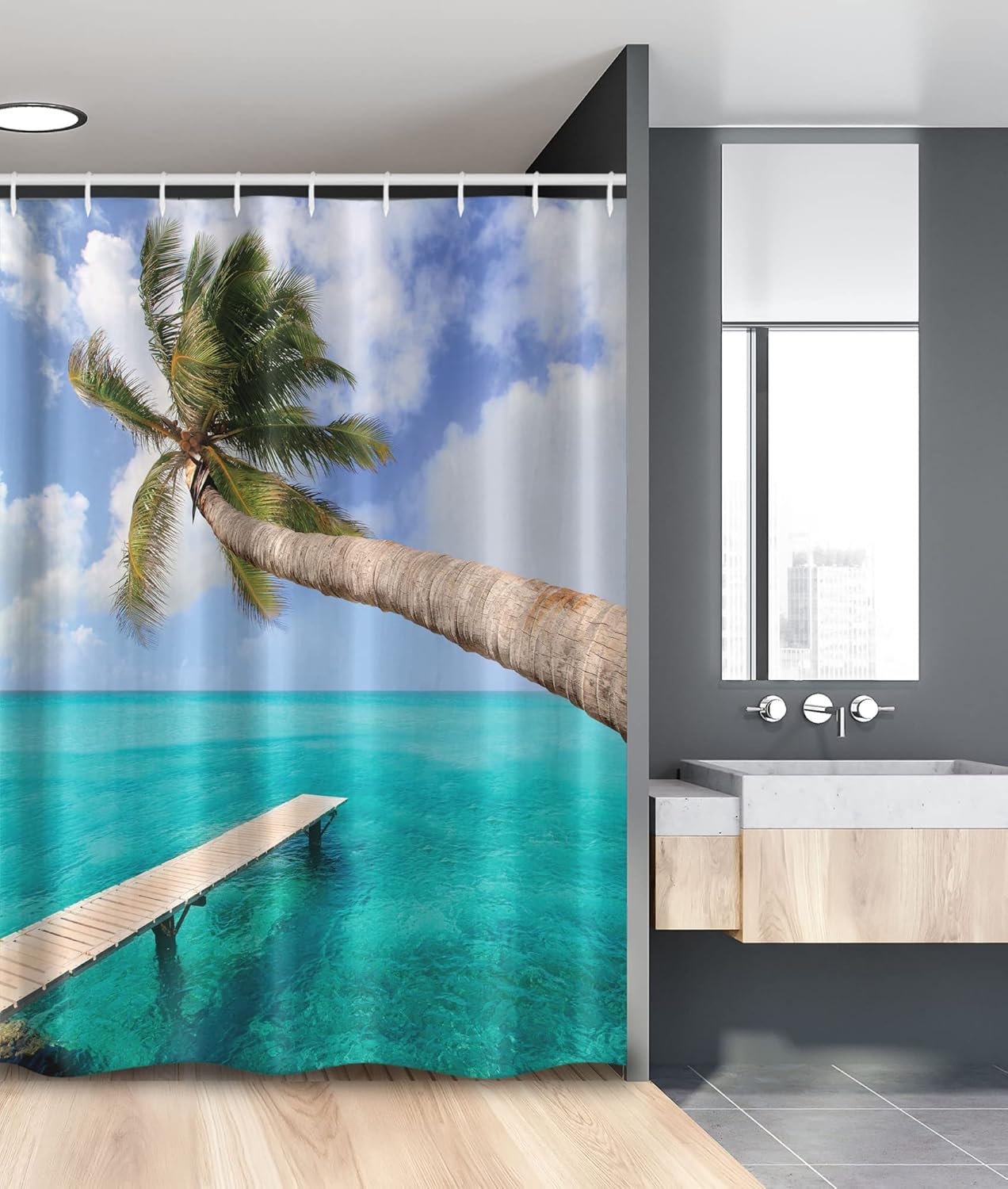 Ambesonne Beach Shower Curtain, Palm Tree Bend Over Tropical Beach Clear Ocean Jetty Landmark Picture Print, Cloth Fabric Bathroom Decor Set with Hooks, 69" W x 70" L, Aqua Blue Green