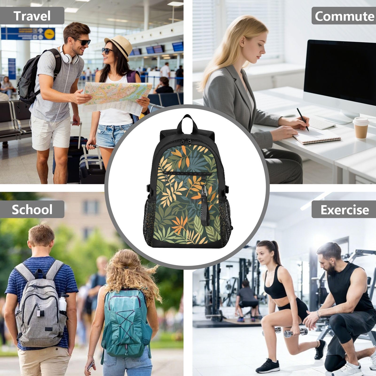 Mnsruu Zaini scolastici con motivo a foglie per adolescenti, zaino universitario per ragazzi e ragazze, zaino per scuola superiore casual alla moda, zaino per laptop da 18,5 pollici