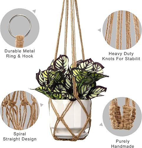 Miniatura 9 de Paquete de 3 colgadores de macramé para plantas, de 352923 pulgadas, para interiores, cuerda de algodón tejida a mano, soporte para macetas de