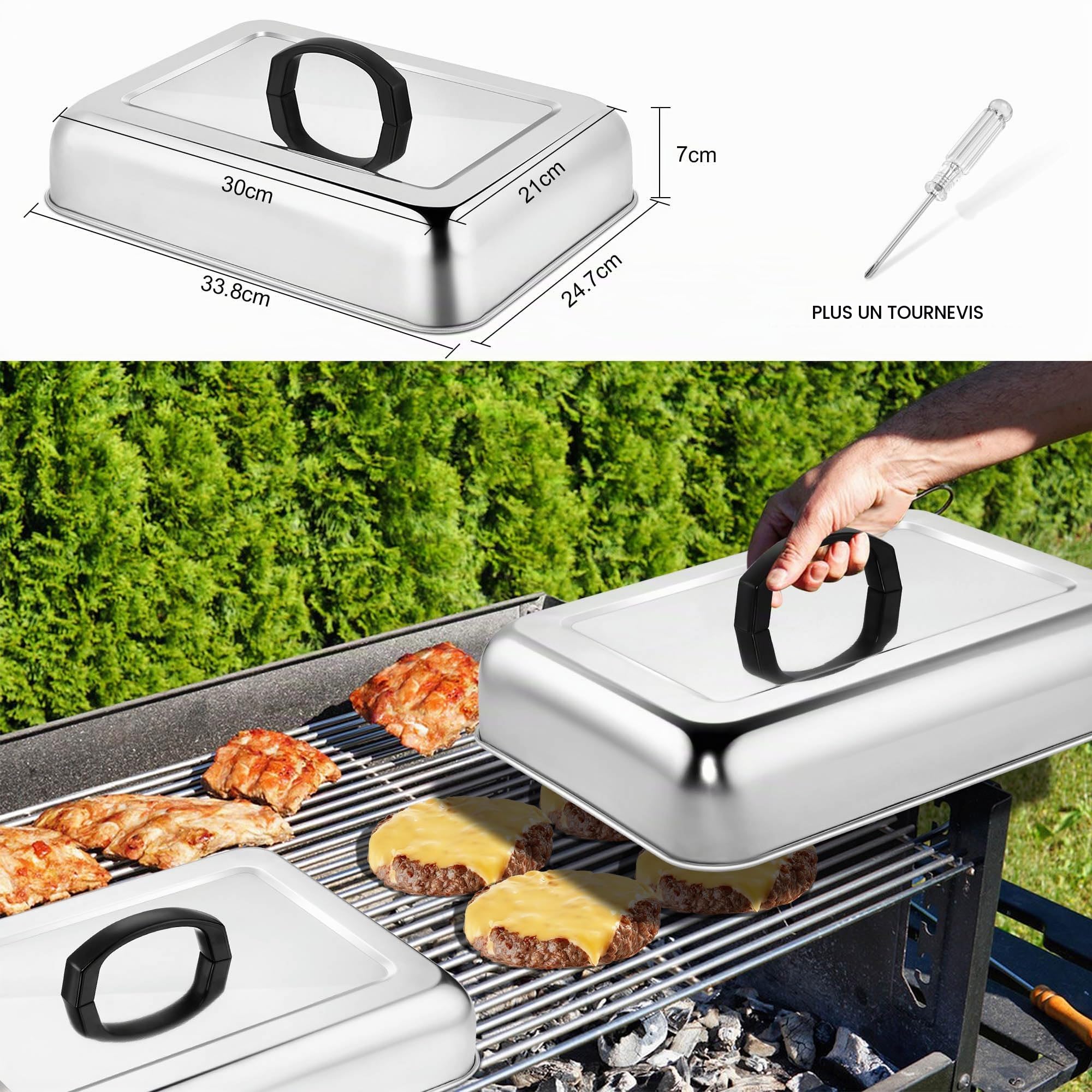 Joyfair Lot de 2 couvercles rectangulaires en acier inoxydable pour badigeonner la vapeur avec poignée résistante à la chaleur, couvercle à hamburger pour barbecue Teppanyaki à dessus plat, cuisson