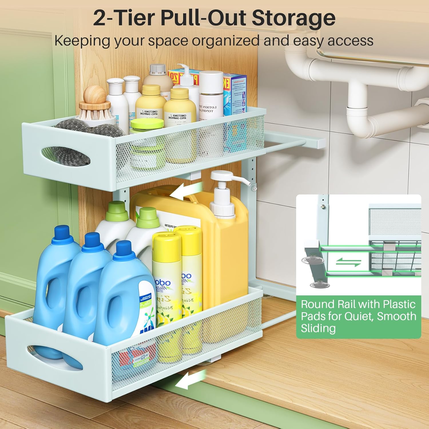 Under Sink Organizer, 2 Tier Pull out Cabinet Organizer Baskets with Mesh Sliding Drawers, Slide out Storage Shelf for Home, Kitchen, Bathroom, Pantry, Office Cabinet(1 Pack, Blue) image 3