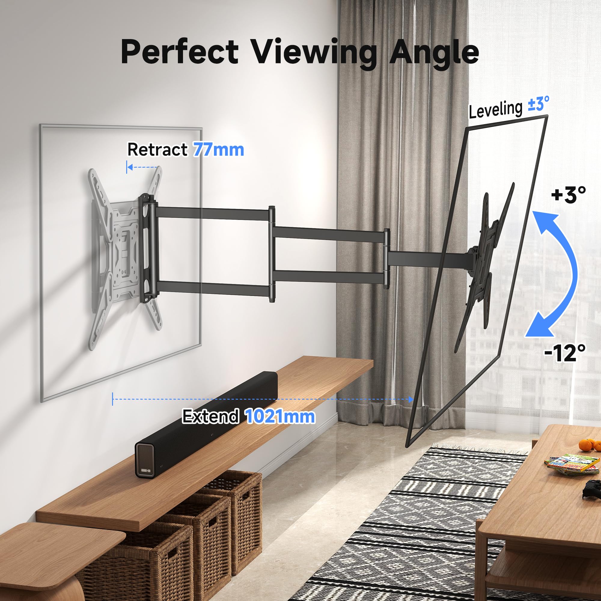 XINLEI Soporte TV Pared Extensible hasta 1021 mm, Brazo Articulado para TVs Planas y Curvas de 26-70 Pulgadas, Inclinación +3°/-12°, Giro ±90°, VESA 400x400 mm, Carga 45 kg – MAP3L