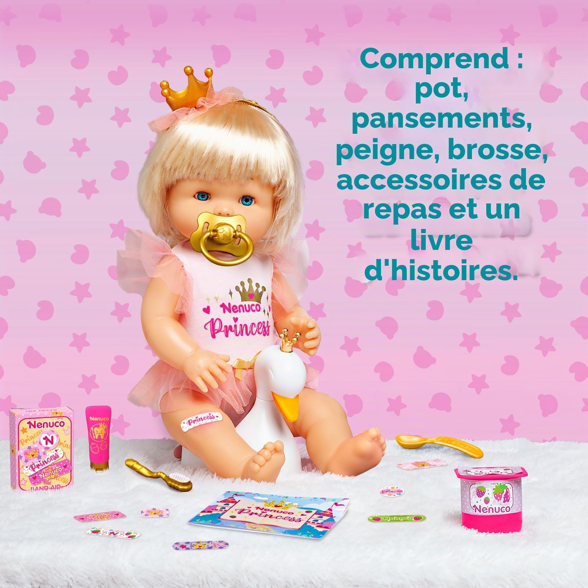 Nenuco - Princesse, poupée bébé aux Cheveux blonds, 42 cm, Portant des vêtements de Princesse et Une Couronne, 11 Fonctions et 10 Accessoires de Soin et Nourriture de Jeu, +2 Ans