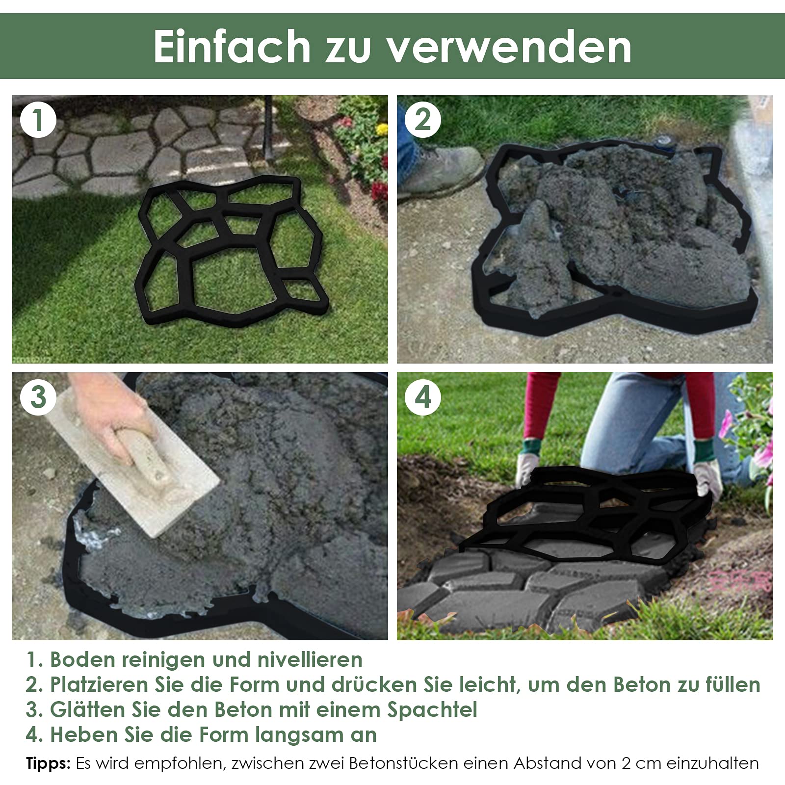 Lospitch 4x Pflasterform Schalungsform Betonform D.I.Y. Pflaster Gehweg Gartenweg Schablone Pflasterstein Pflasterform, 43 x 43x 4cm, schwarz wiederverwendbar