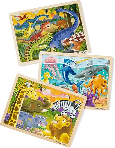 Melissa & Doug Paquete de rompecabezas (dinosaurio, safari y océano) - Rompecabezas de animales, rompecabezas de madera para niños a partir de 3 años