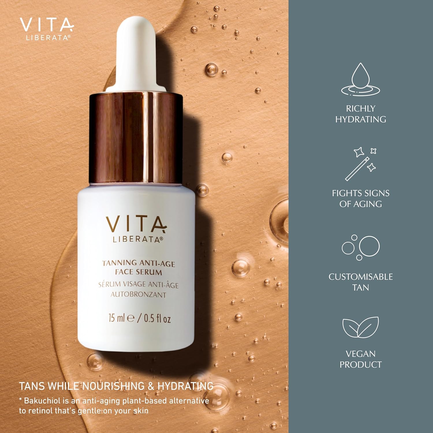 Vita Liberata Anti-Age Face Serum - Dual Action Serum, Deeply Nourishing & Hydrating, Customizable Tan, Formulated with Bakuchiol & Organic Botanicals, 30ml / 0.5 fl oz - Image 4