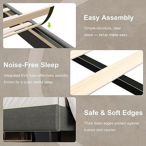 Miniatura 8 de Einhomn Base de cama tamaño Queen con cabecero, base de cama tapizada de lino con listones de madera maciza, sin ruido, no necesita somier, fácil