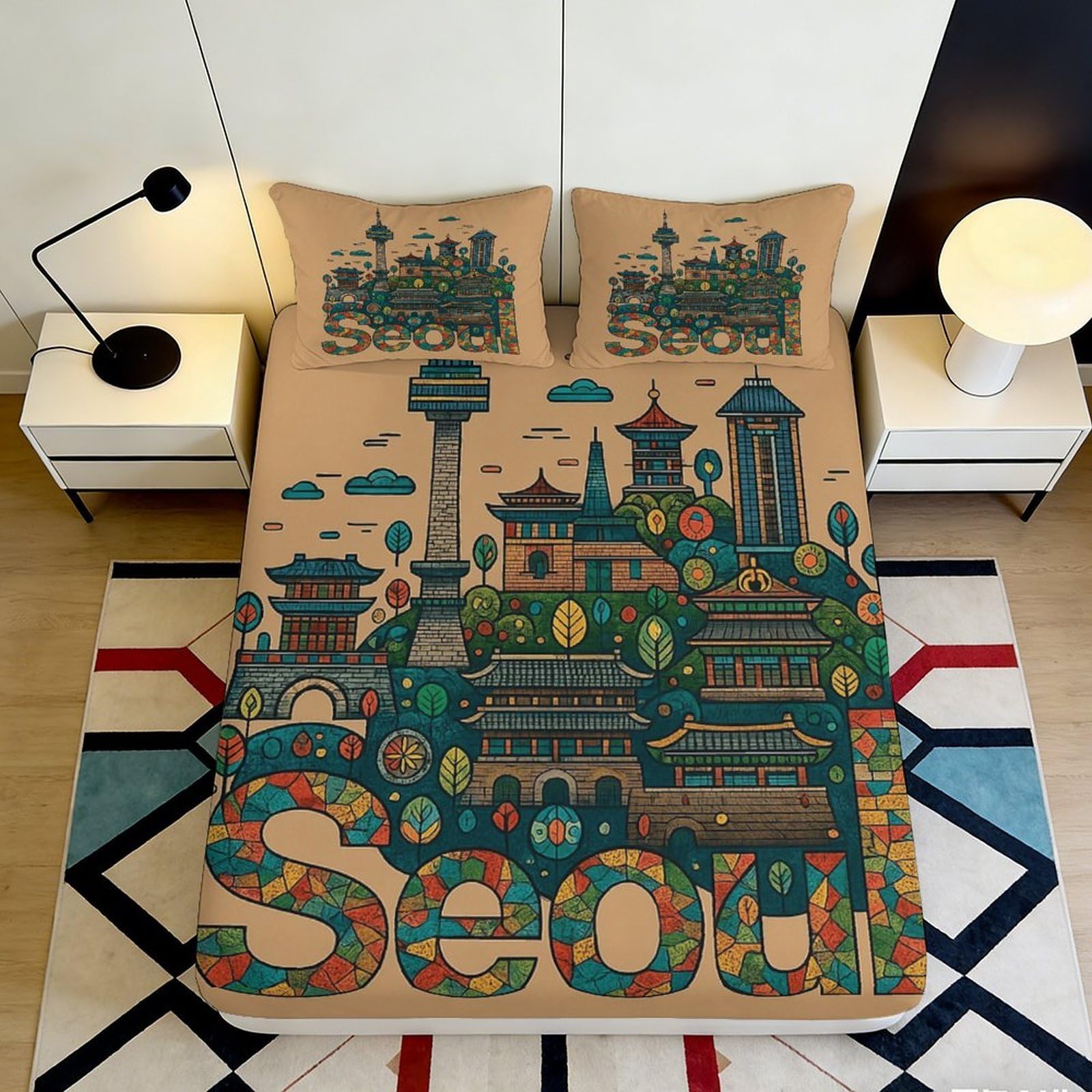 3D Printed Seoul Cityscape Fitted Sheet Microfiber Soft Breathable Urban Landmark Bed Cover for Bedroom Dorm 140x200x25cm