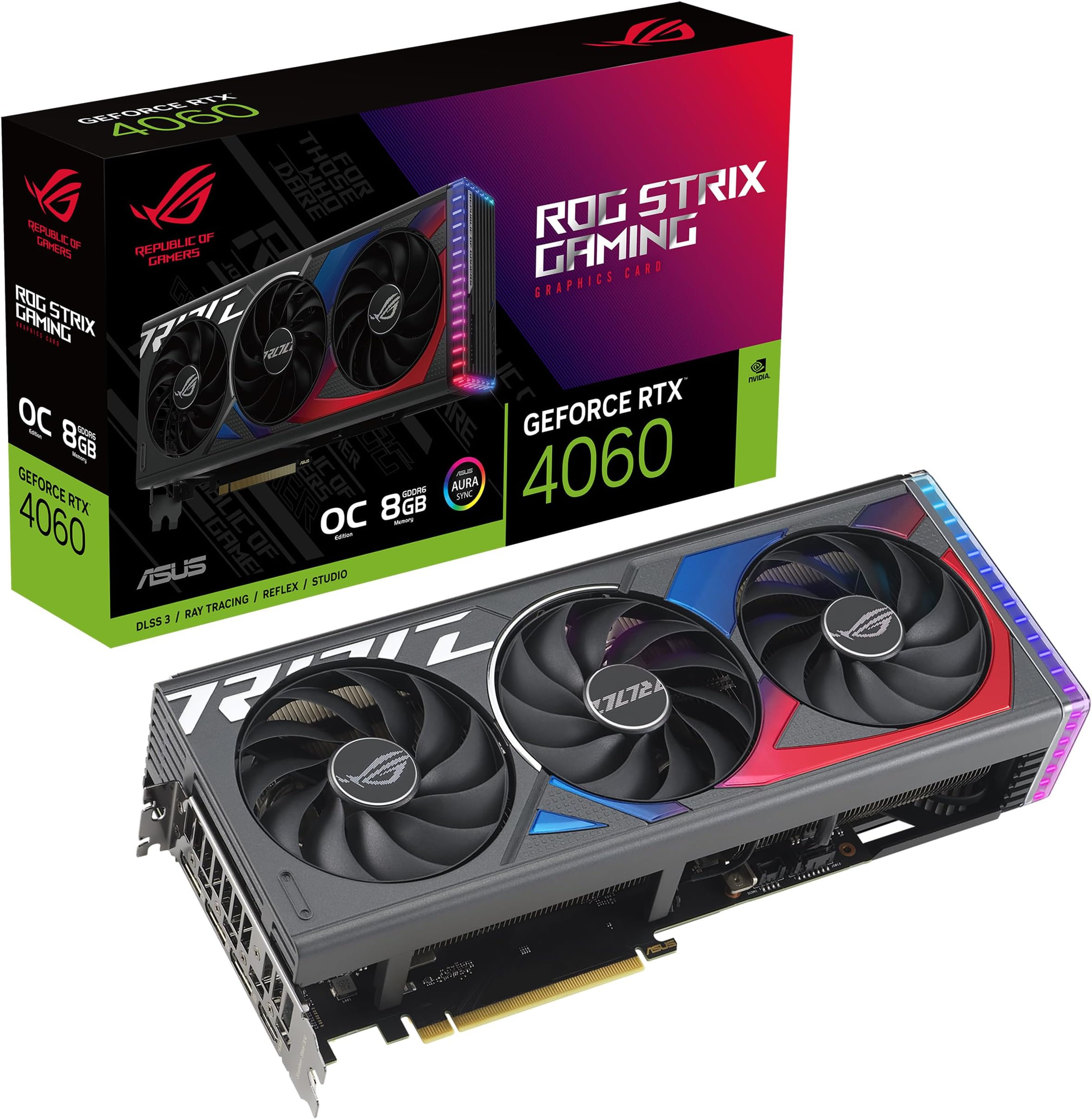 ROG Strix GeForce RTX™ 4060 OC Edition Gaming Graphics Card (PCIe 4.0, 8GB GDDR6, DLSS 3, HDMI 2.1a, DisplayPort 1.4a, Axial-tech Fan Design, Aura Sync, 0dB Technology)