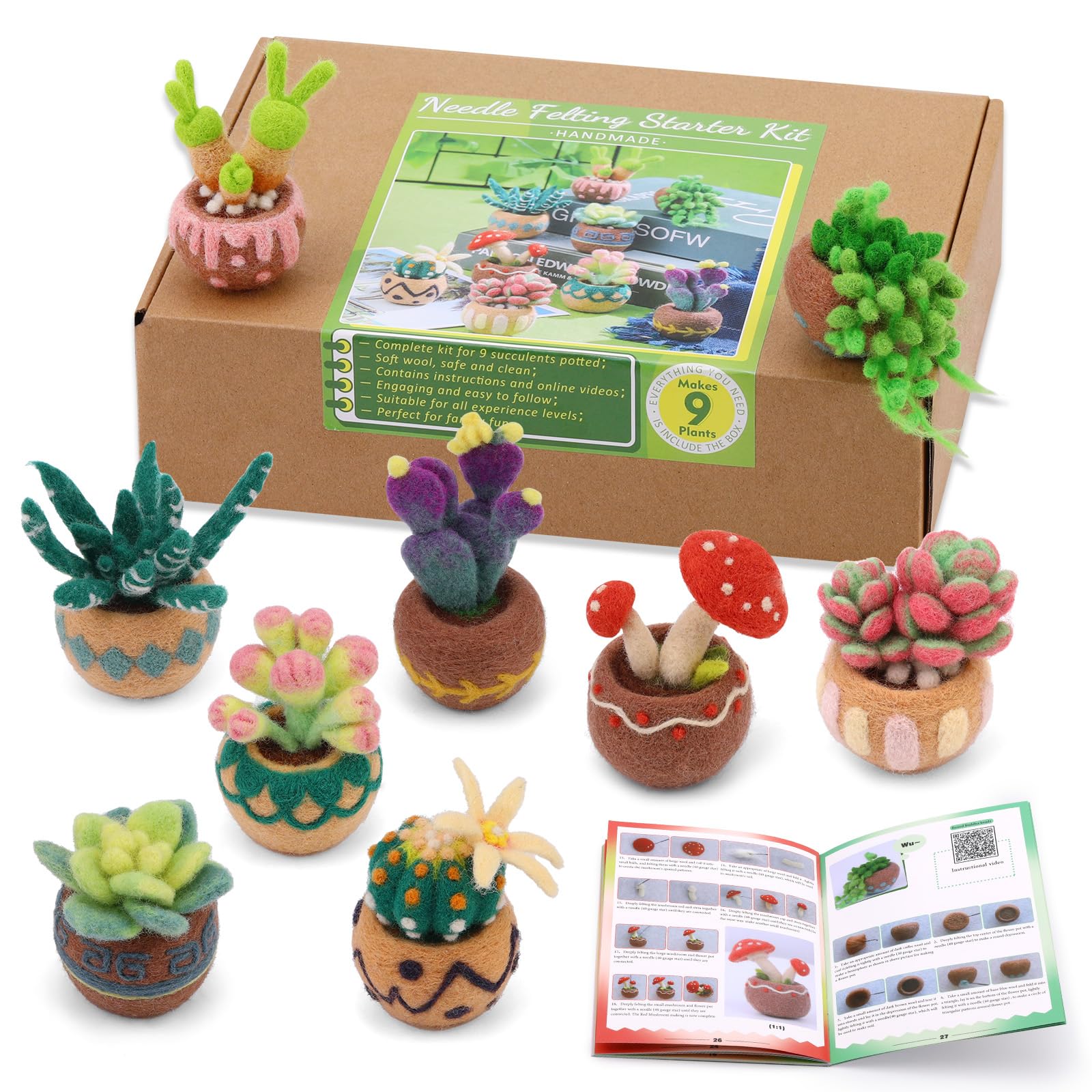 Yizzvb Needle Felting Kit, 9 Pcs Succulent Needle Felt Beginner Kits, Wool Felting Kit Including Wool Roving, Felting Pad, Felting Needles and Instructions for DIY Craft Home Decoration
