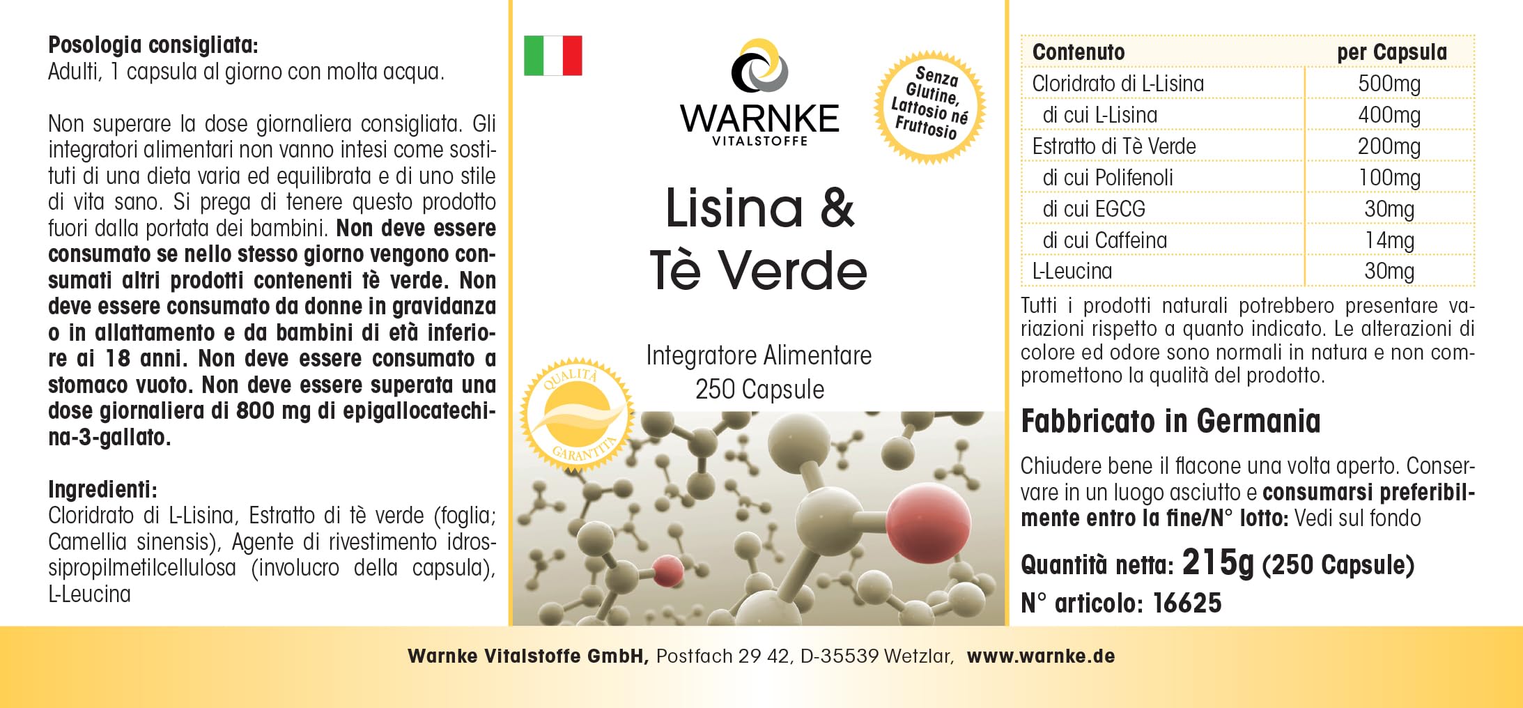 L-lisina e tè verde - 250 capsule - polifenoli - EGCG - caffeina - vegano e ad alto dosaggio - confezione grande | Warnke Vitalstoffe - Qualità farmaceutica tedesca