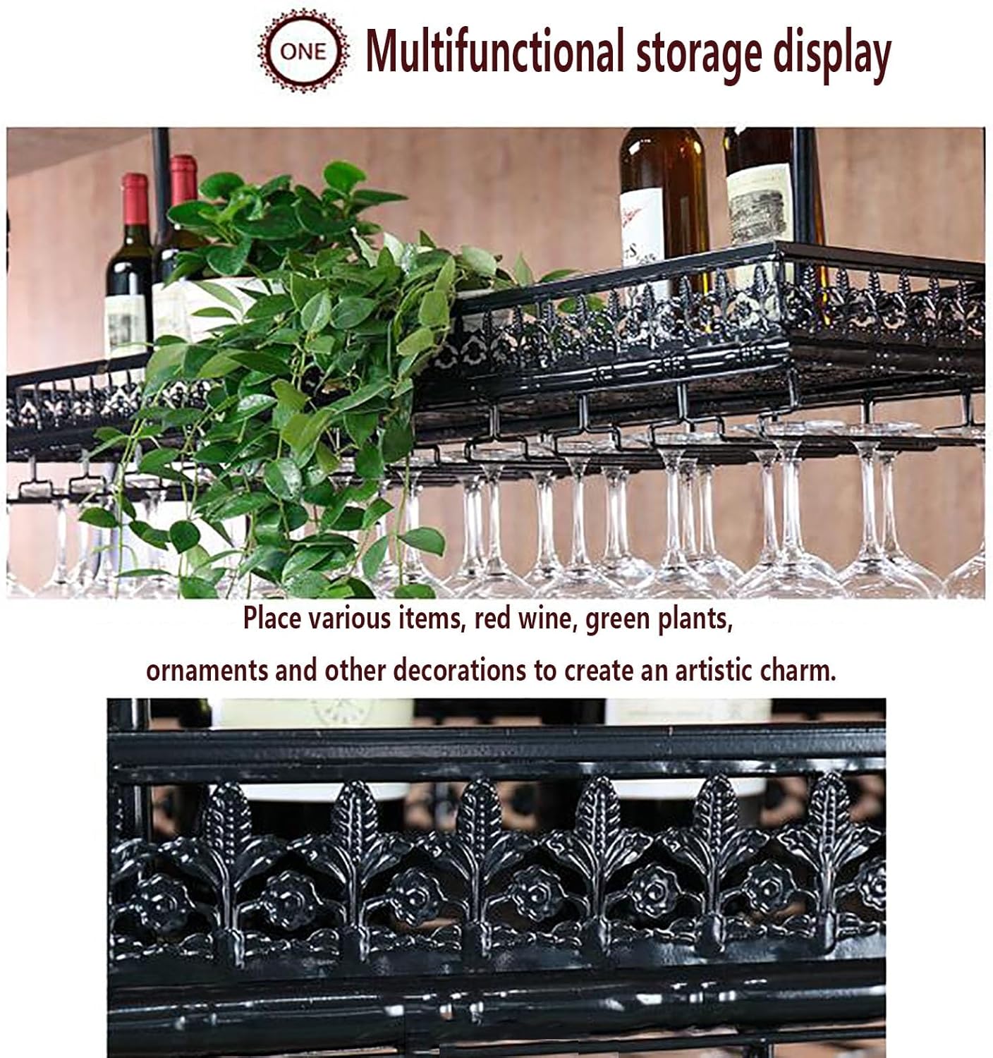 Adjustable Height Hanging Wine Rack Ceiling Mounted Floating Shelves with Wine Glass Holder Retro Style Storage Shelves for Bar Restaurant Kitchen Cafe Black (80 * 35cm)
